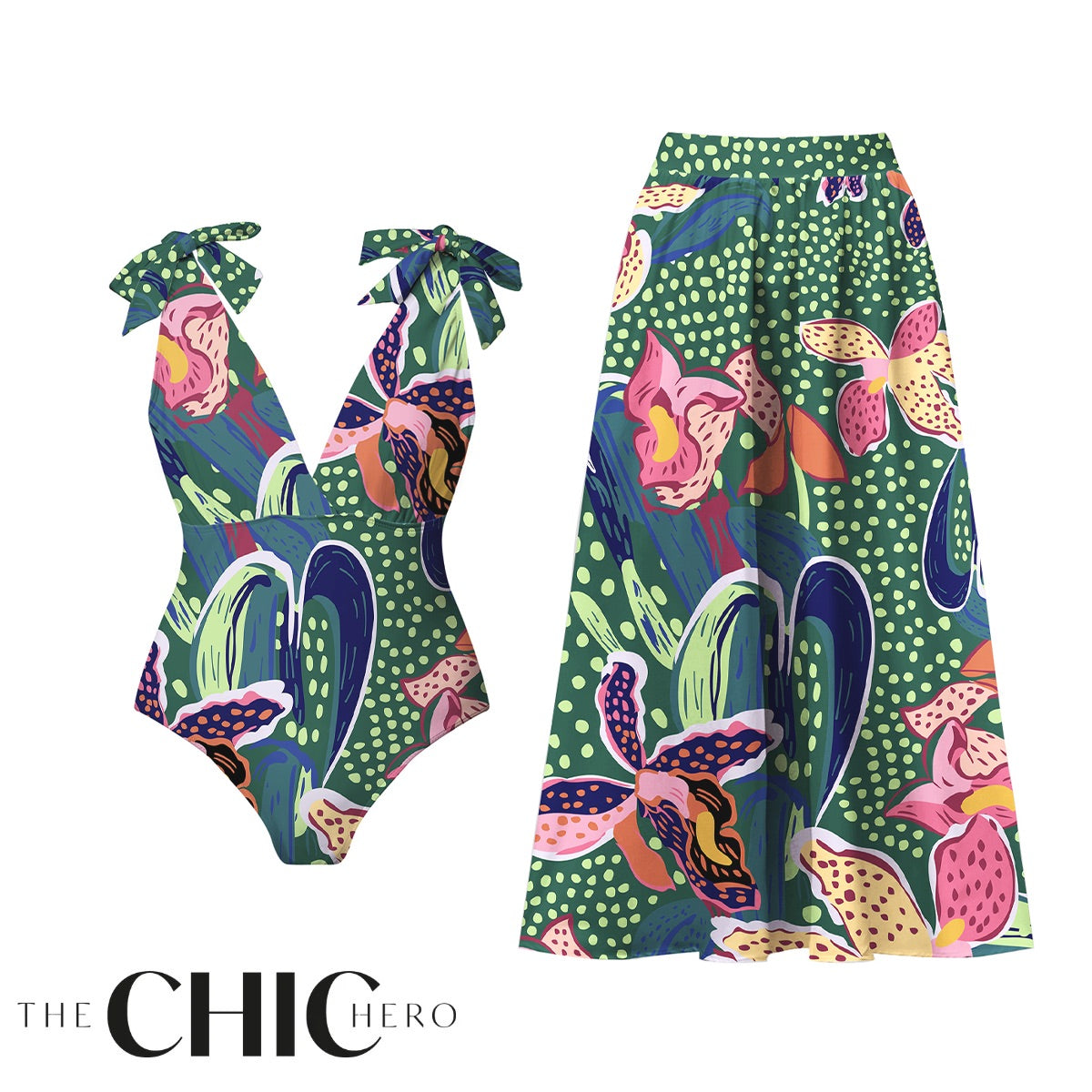 Green Parrot Tropical Exotic Flower Motifs One-Piece Swimsuit&Skirt