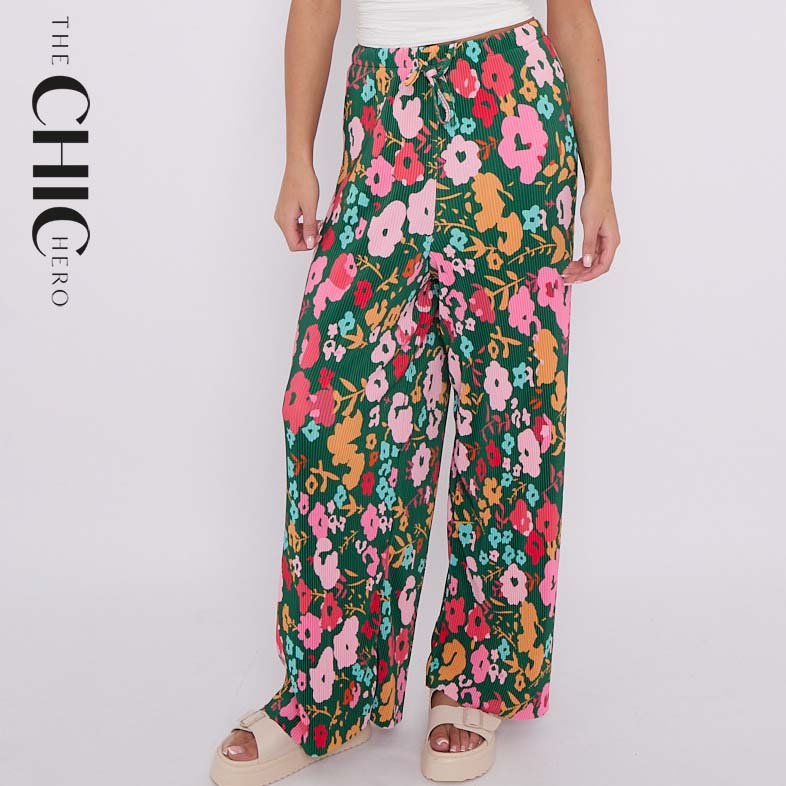 Colorful Small Florals Abstract Print Wide-Leg Drawstring Palazzo Pleated Pants