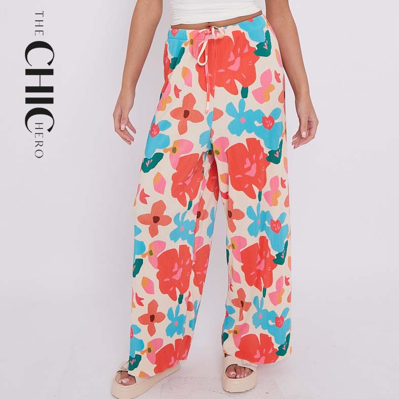 Rose Flower Print Abstract Wide-Leg Drawstring Palazzo Pleated Pants
