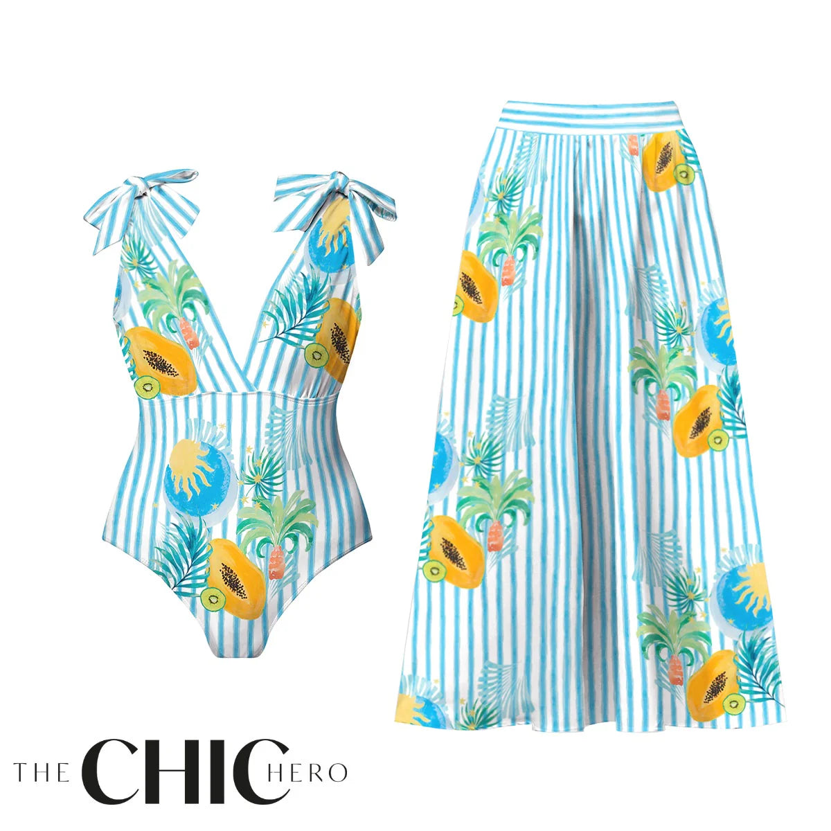 Striped Tropical Papaya Print Boho Island Style One-Piece Swimsuit&Skirts