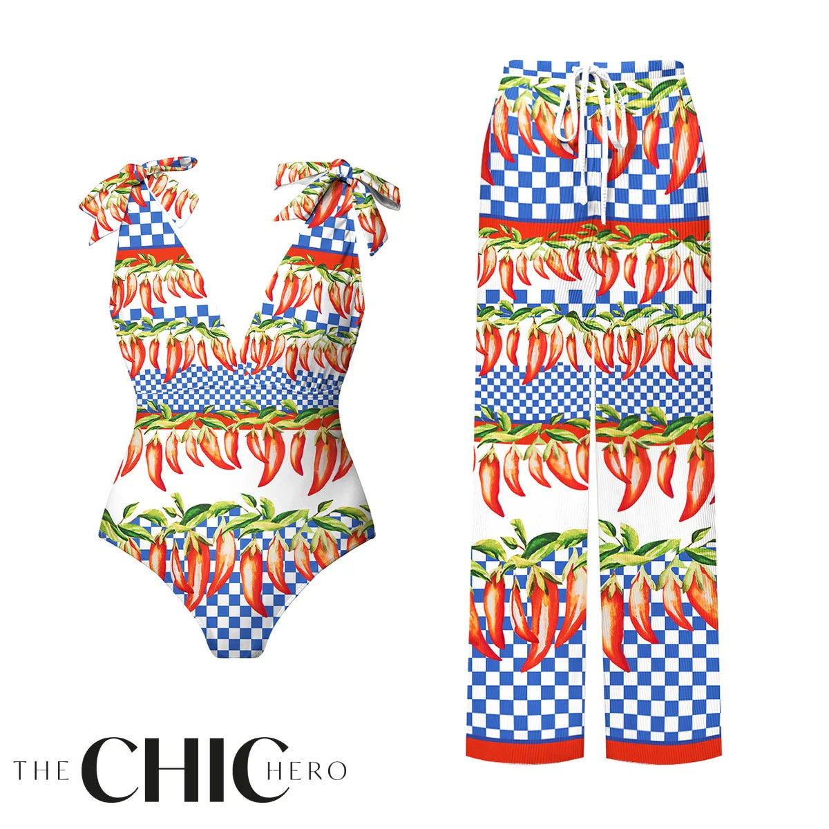 Spicy Pepper Checkerboard Print One-Piece Swimsuit&Pants