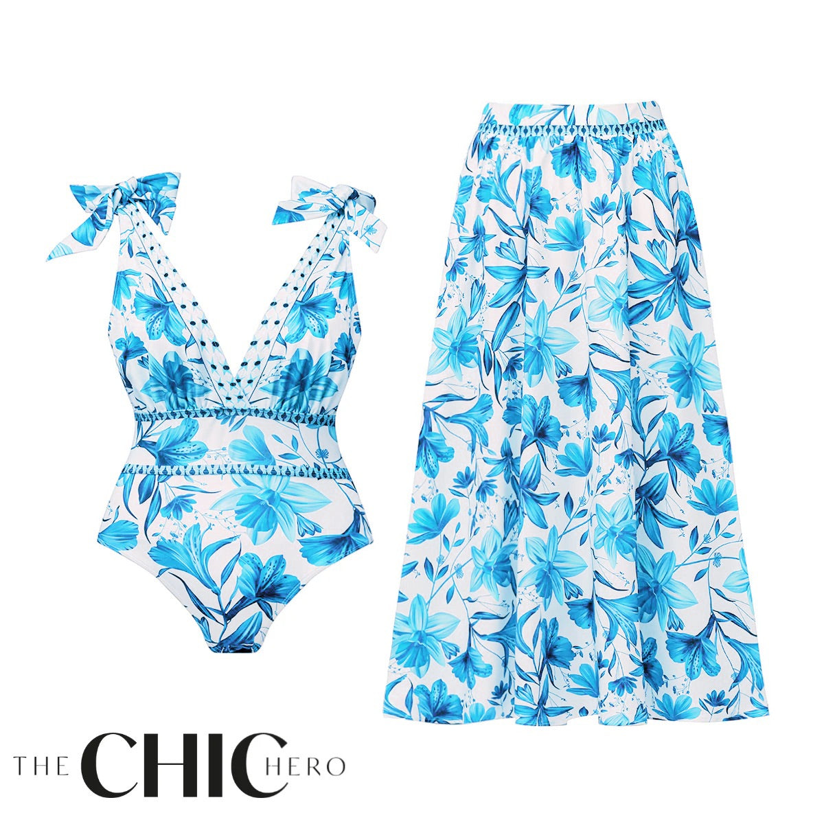 V Neck Lace Up Boho Breeze Blue Floral Swimsuit&Skirt