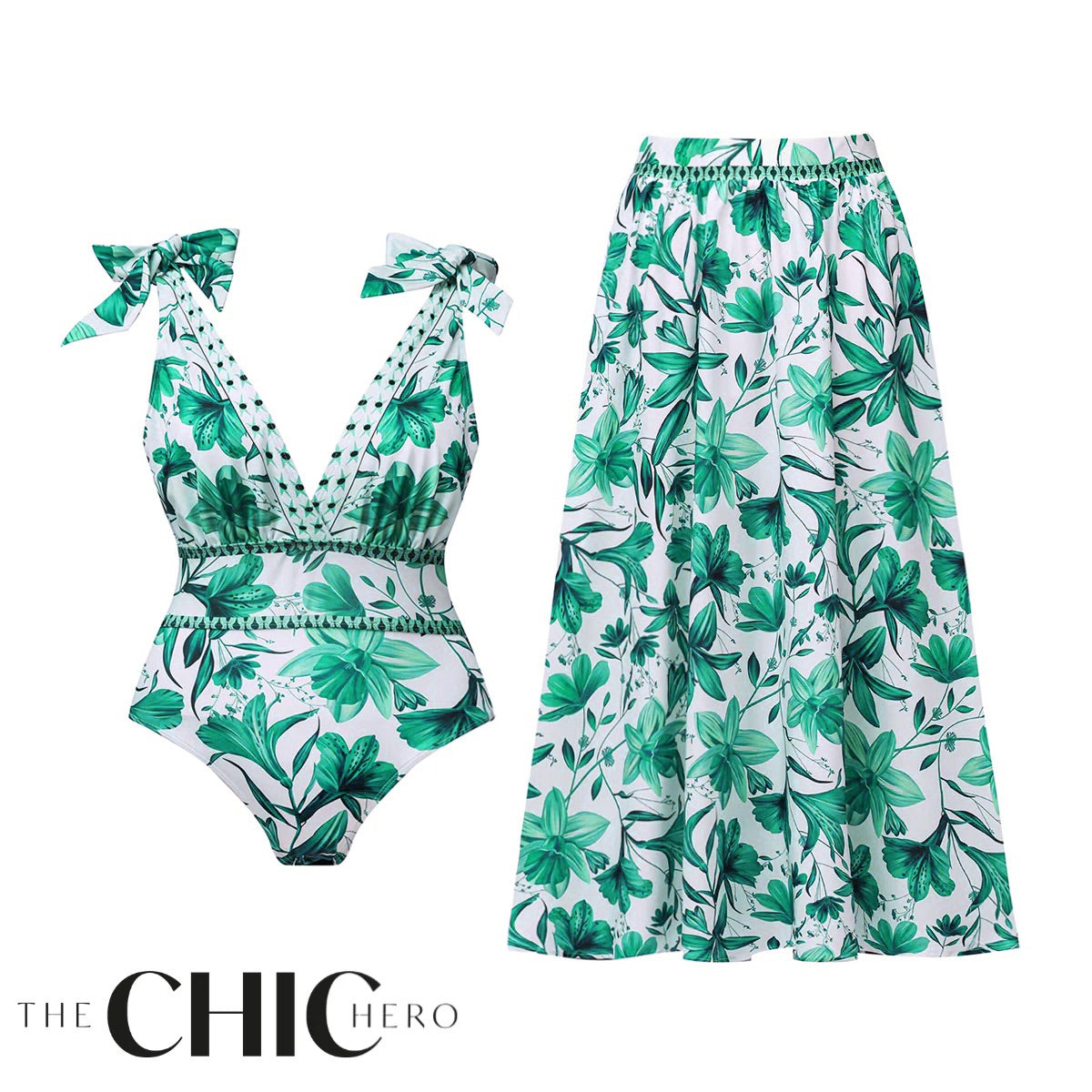 V Neck Lace Up Boho Breeze Blue Floral Swimsuit&Skirt