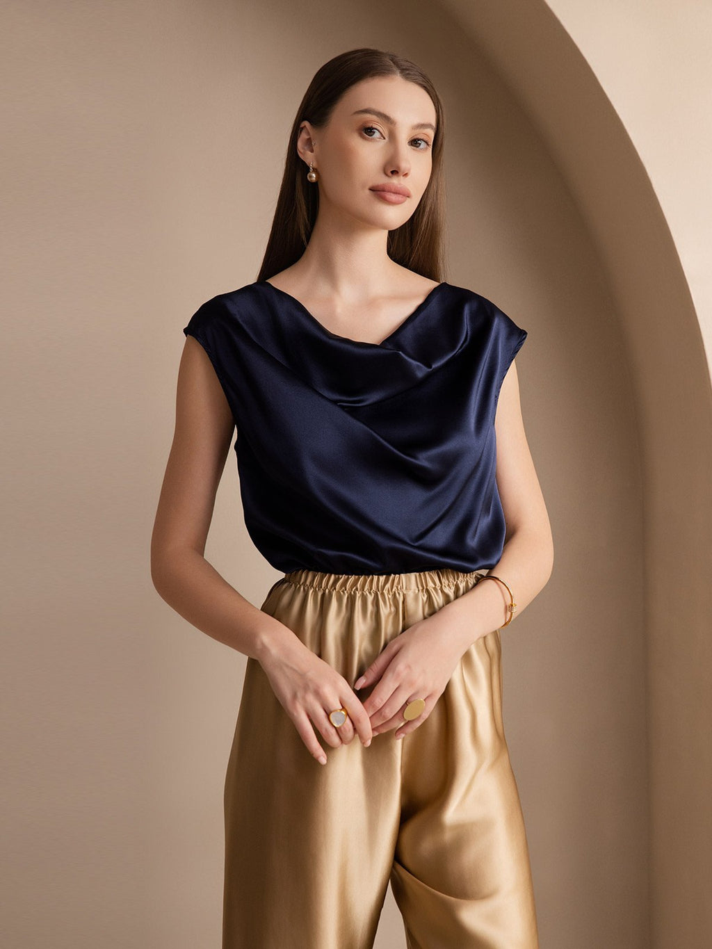 19Momme Silk Cap Sleeve Cowl Neck Tank Top/Blouse