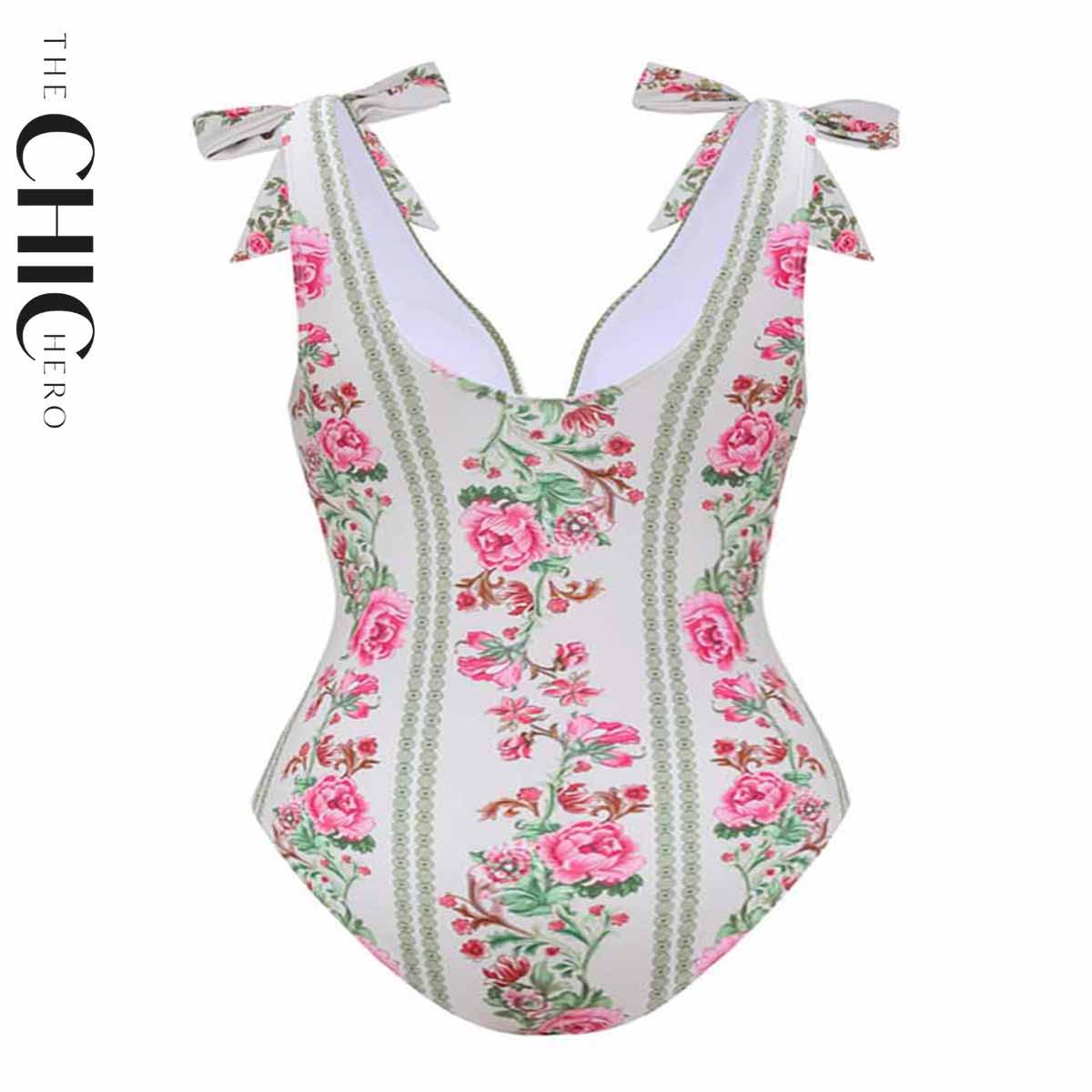 Vintage Rose Garden V Neck Lace Up Floral Swimsuit&Skirt