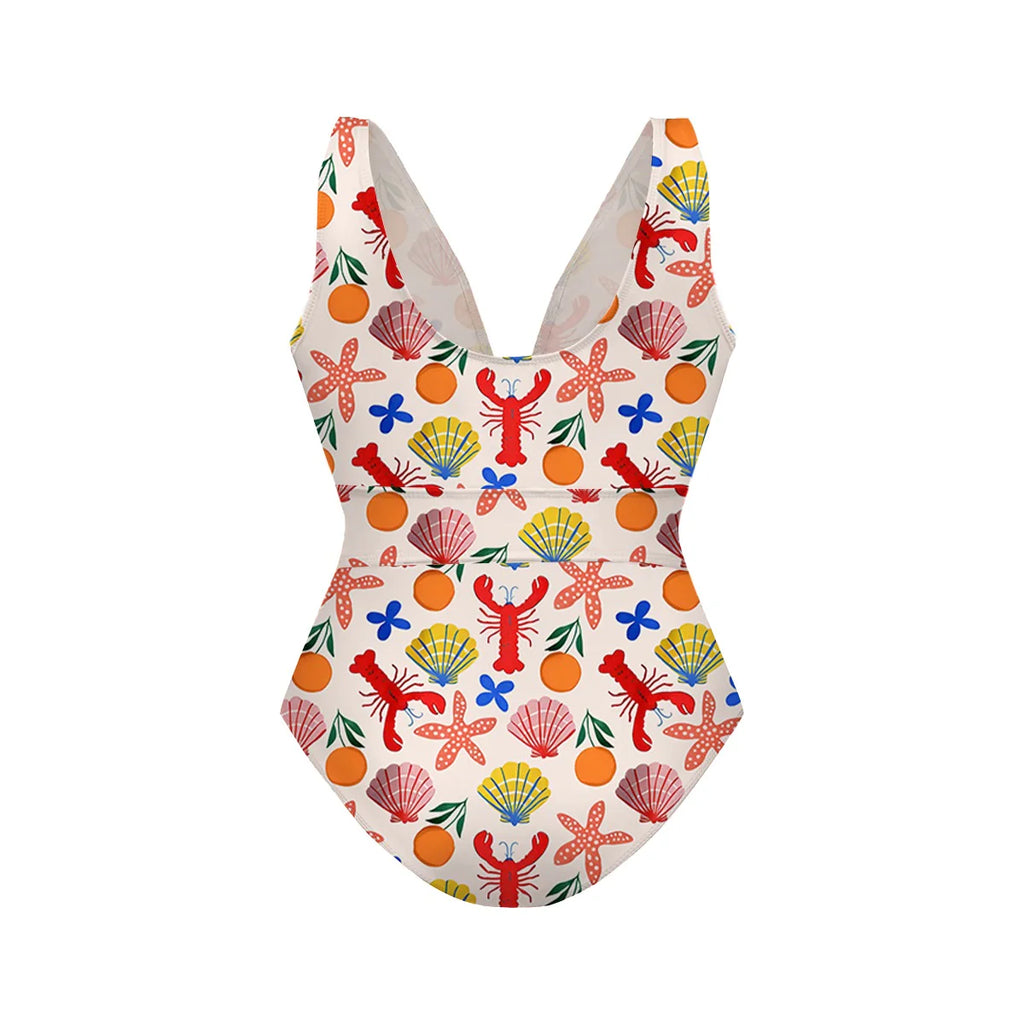 Tropical Seafood Lobster & Shell Pattern One-Piece Swimsuit&Pants