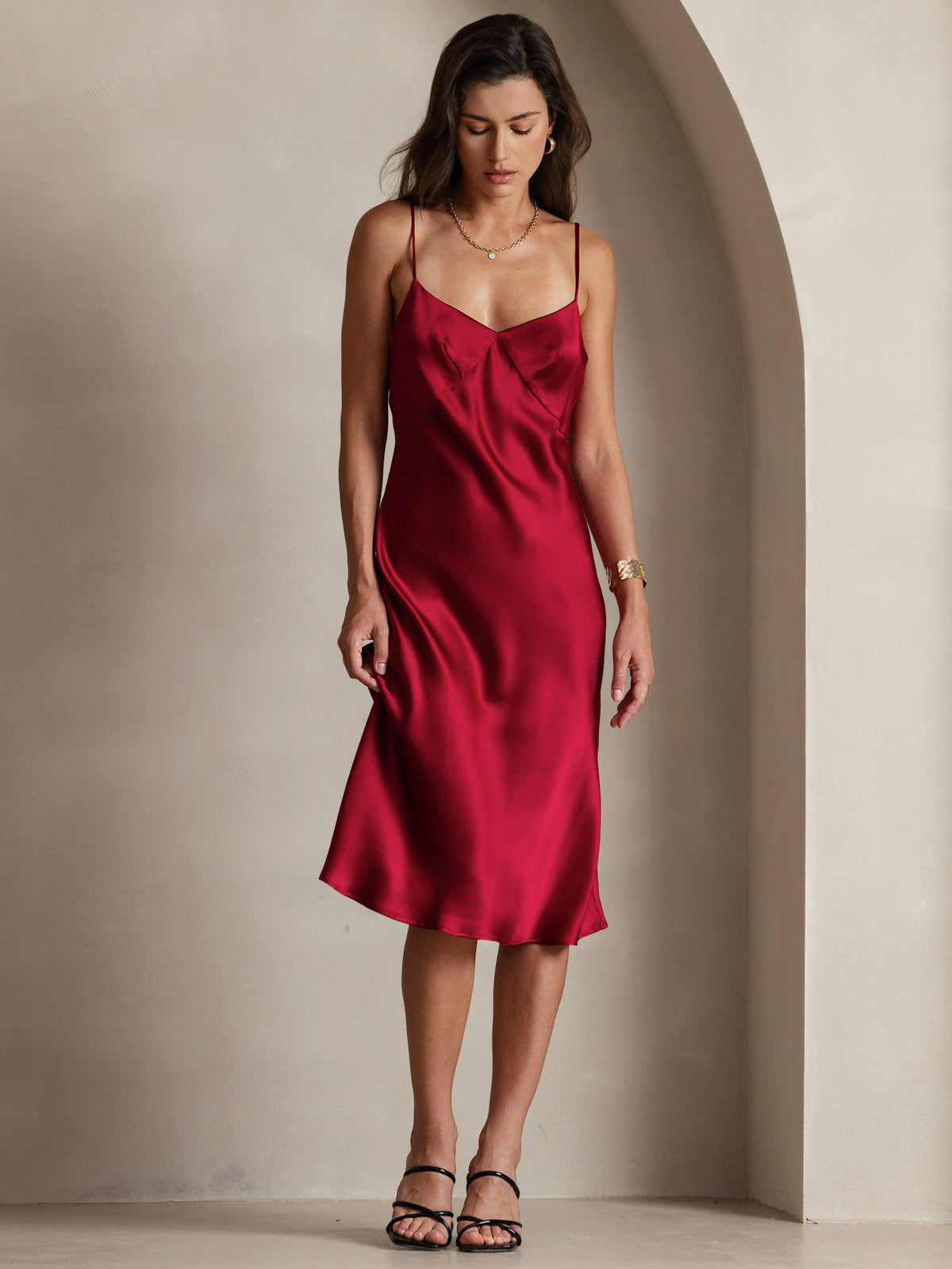 Pure Silk Deep V-Neck Backless Long Slip Dress