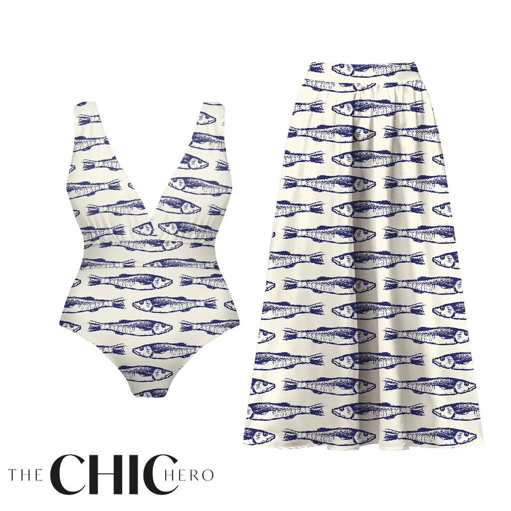 Nautical Blue Fish Print Deep V One-Piece Swimsuit&Skirt