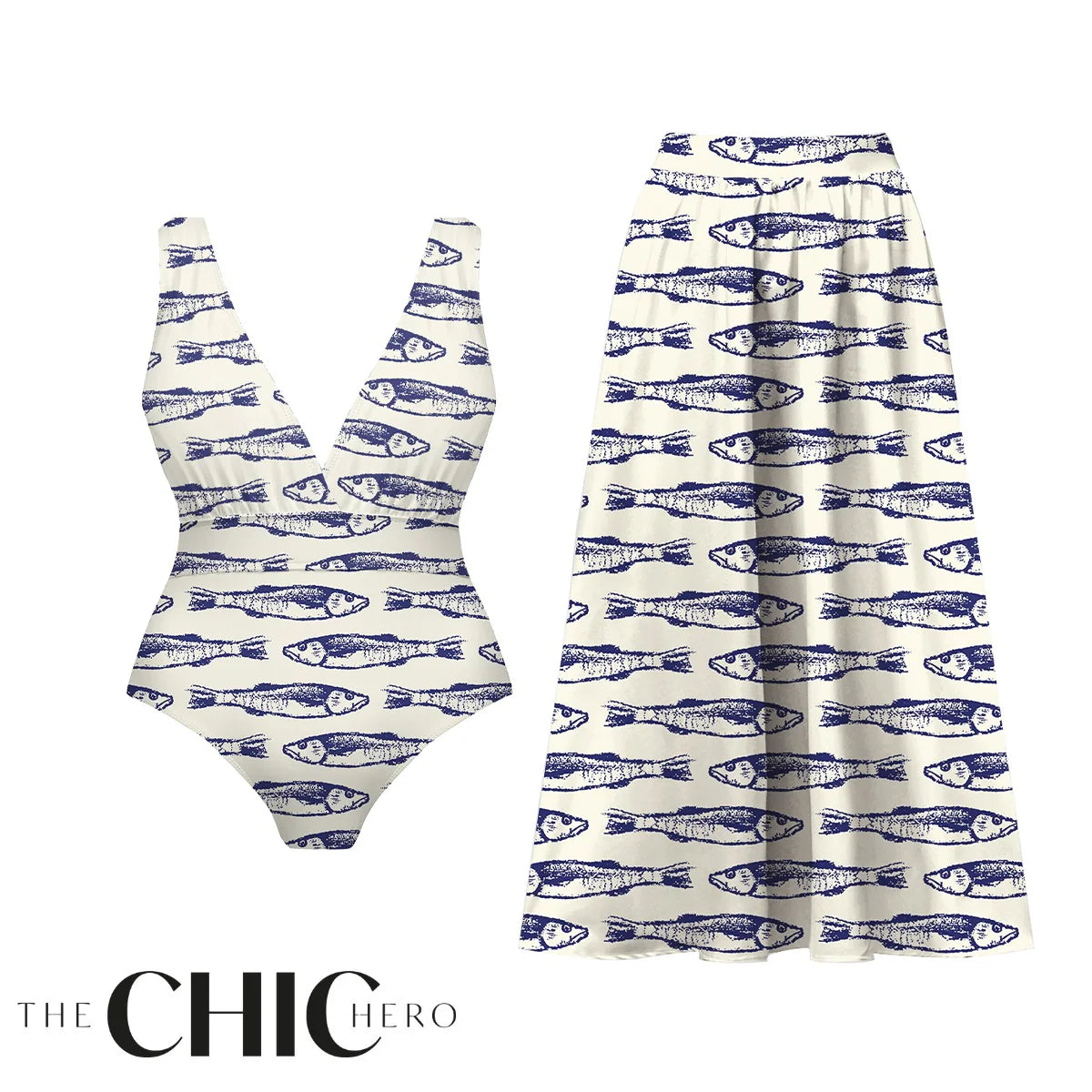 Nautical Blue Fish Print Deep V One-Piece Swimsuit&Skirt