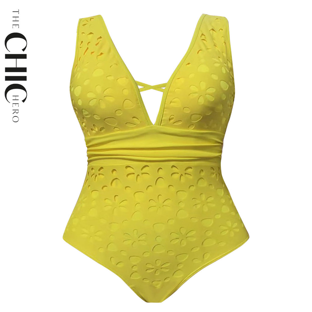 Yellow Petal Hollow One-Piece Swimsuit&Skirt