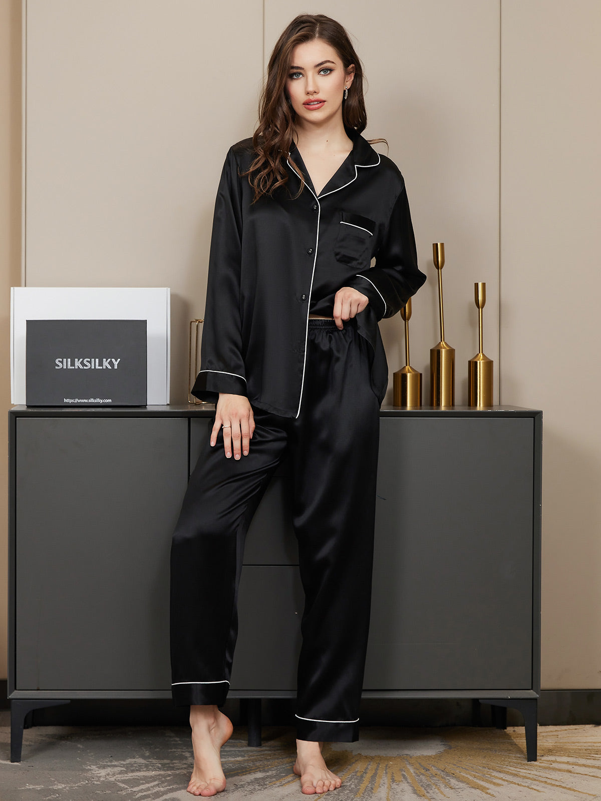 Women's 100% Mulberry Silk Classic Full Length Pajama Set