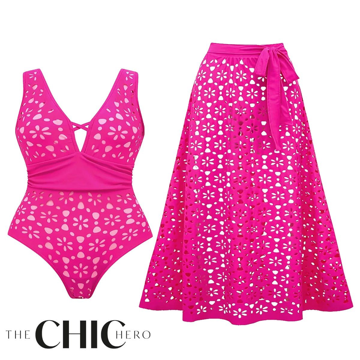 Rose Red Petal Print Hollow V Neck One-Piece Swimsuit&Skirt
