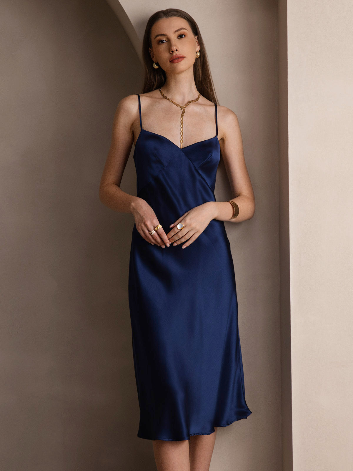 Pure Silk Deep V-Neck Backless Long Slip Dress