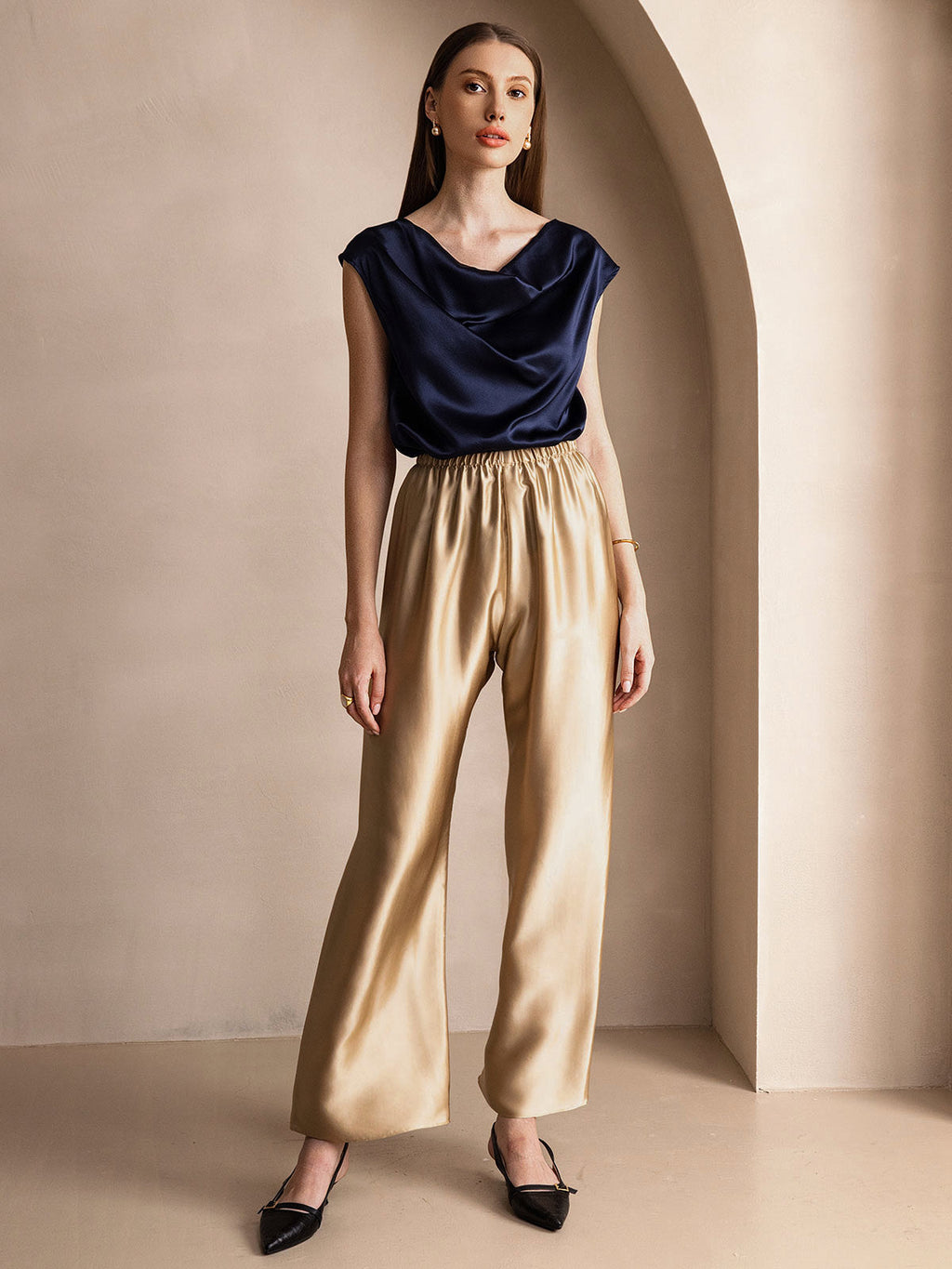 19Momme Silk Cowl Neck Cap Sleeve Blouse