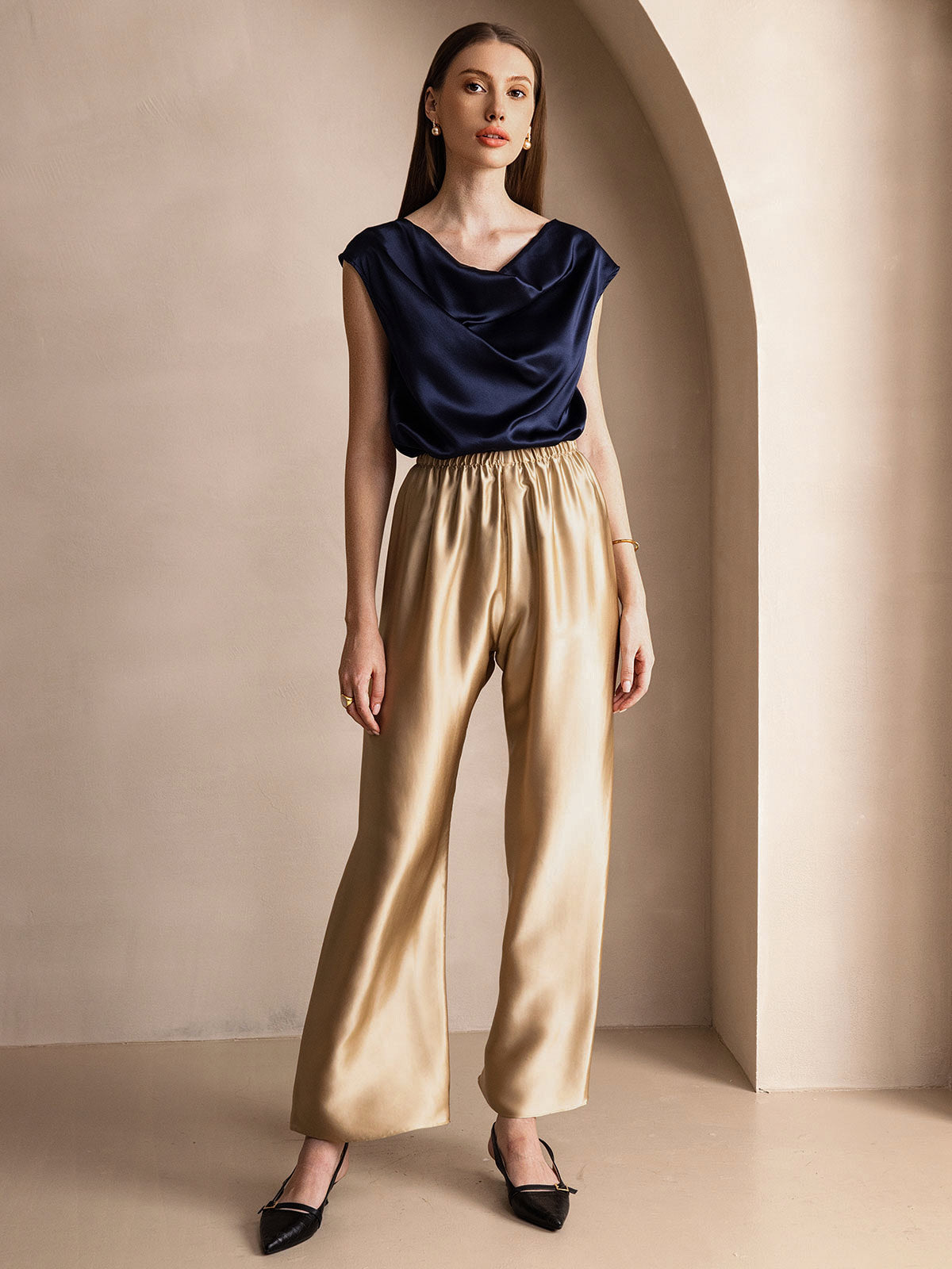 19Momme Silk Cowl Neck Cap Sleeve Blouse