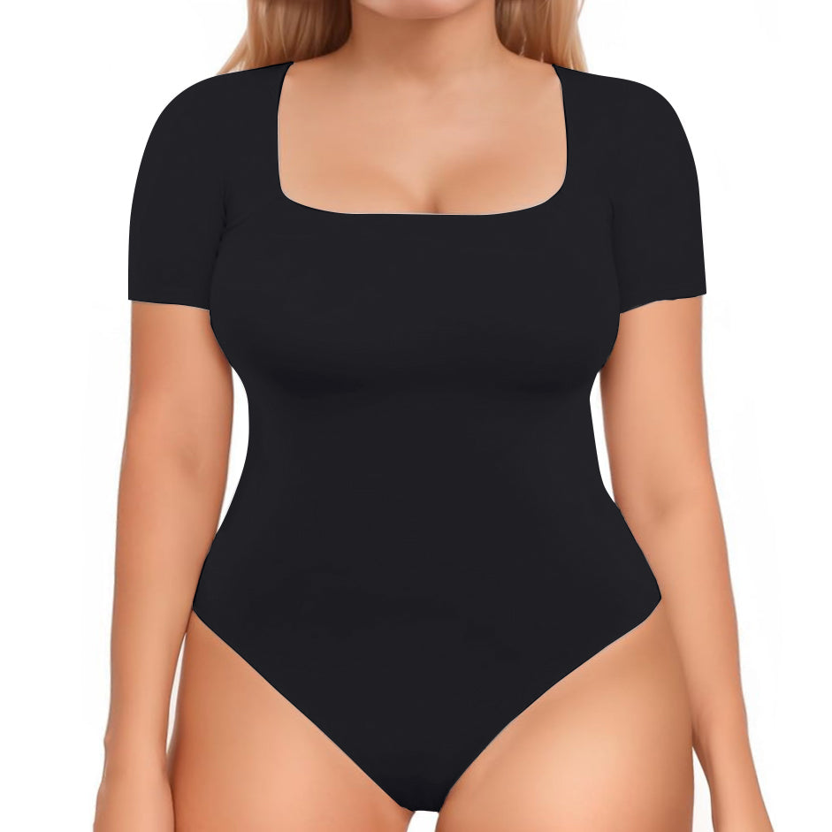 ChicHero Black Square Neck Short Sleeve T Shirt Bodysuit
