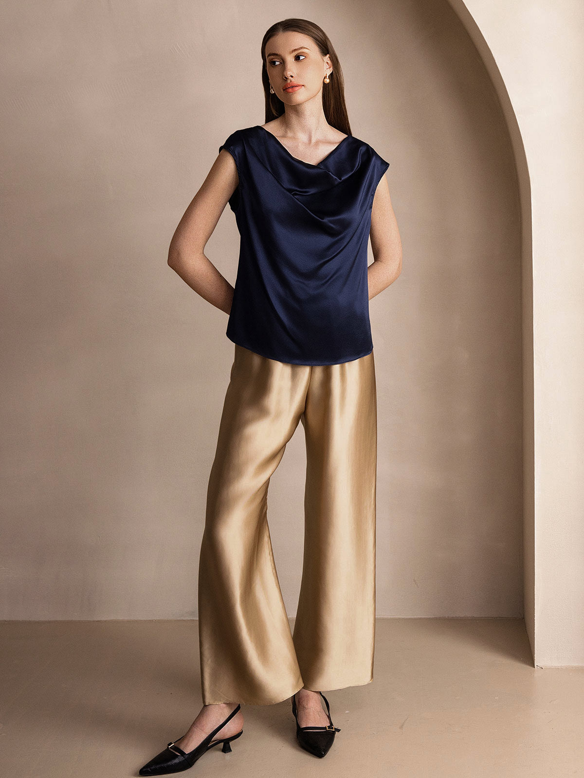 19Momme Silk Cowl Neck Cap Sleeve Blouse