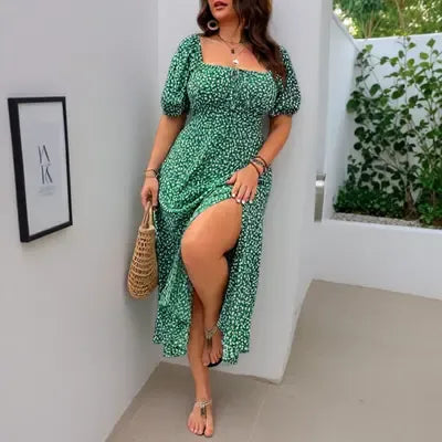 Floral Print Split Detail Short Sleeve Bardot Dress