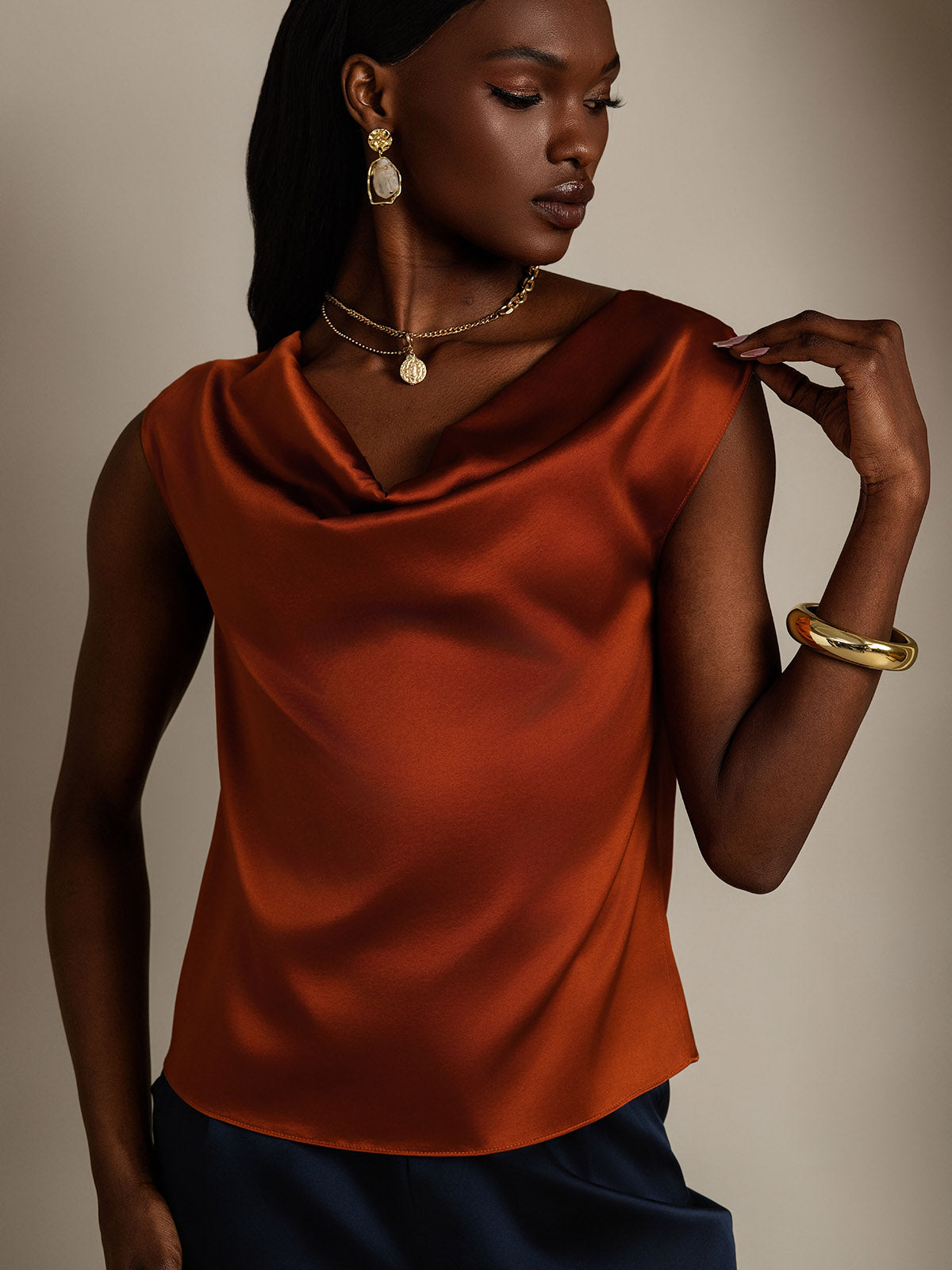 19Momme Silk Cowl Neck Cap Sleeve Blouse