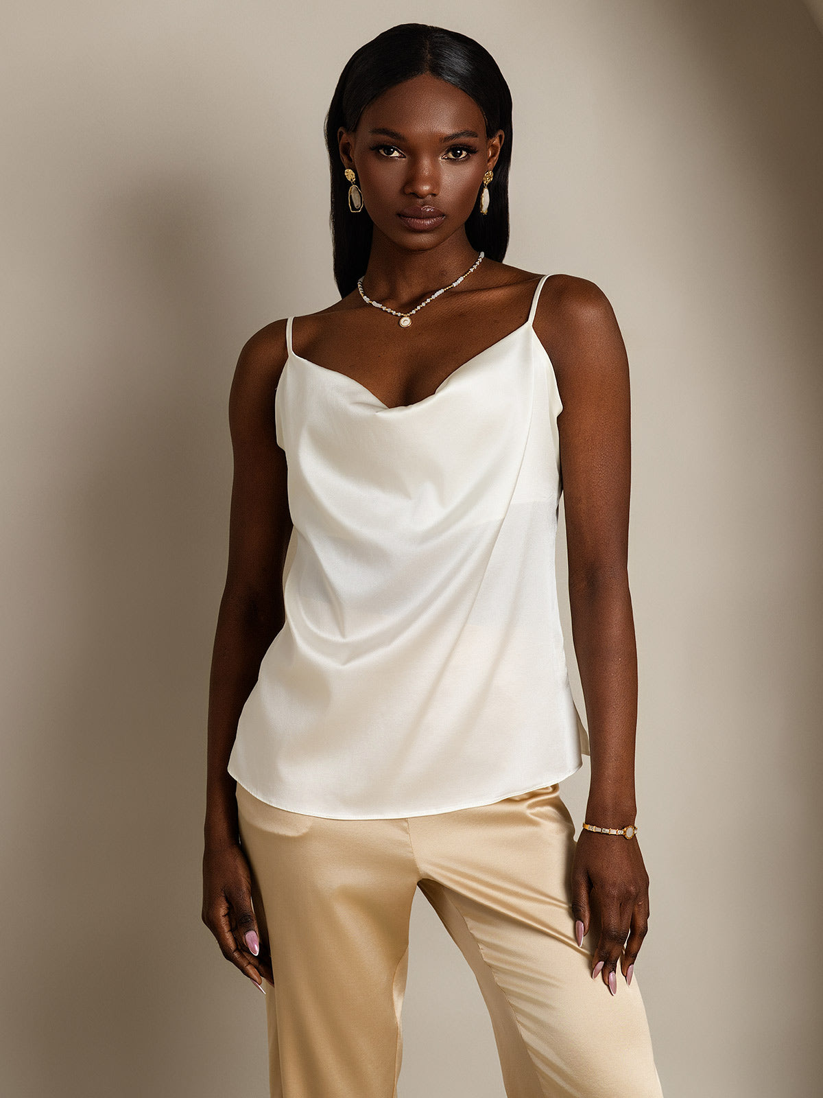 19Momme Silk Spaghetti Strap Cowl Neck Camisole Top