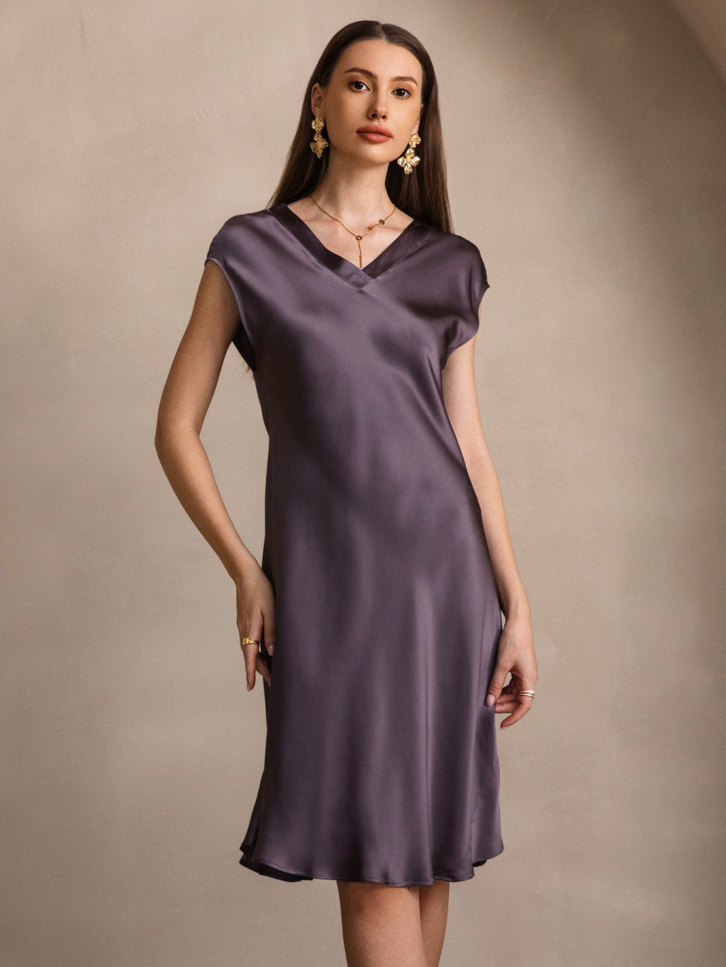 Pure Silk Cap Sleeve V-neck Knee Nightgown