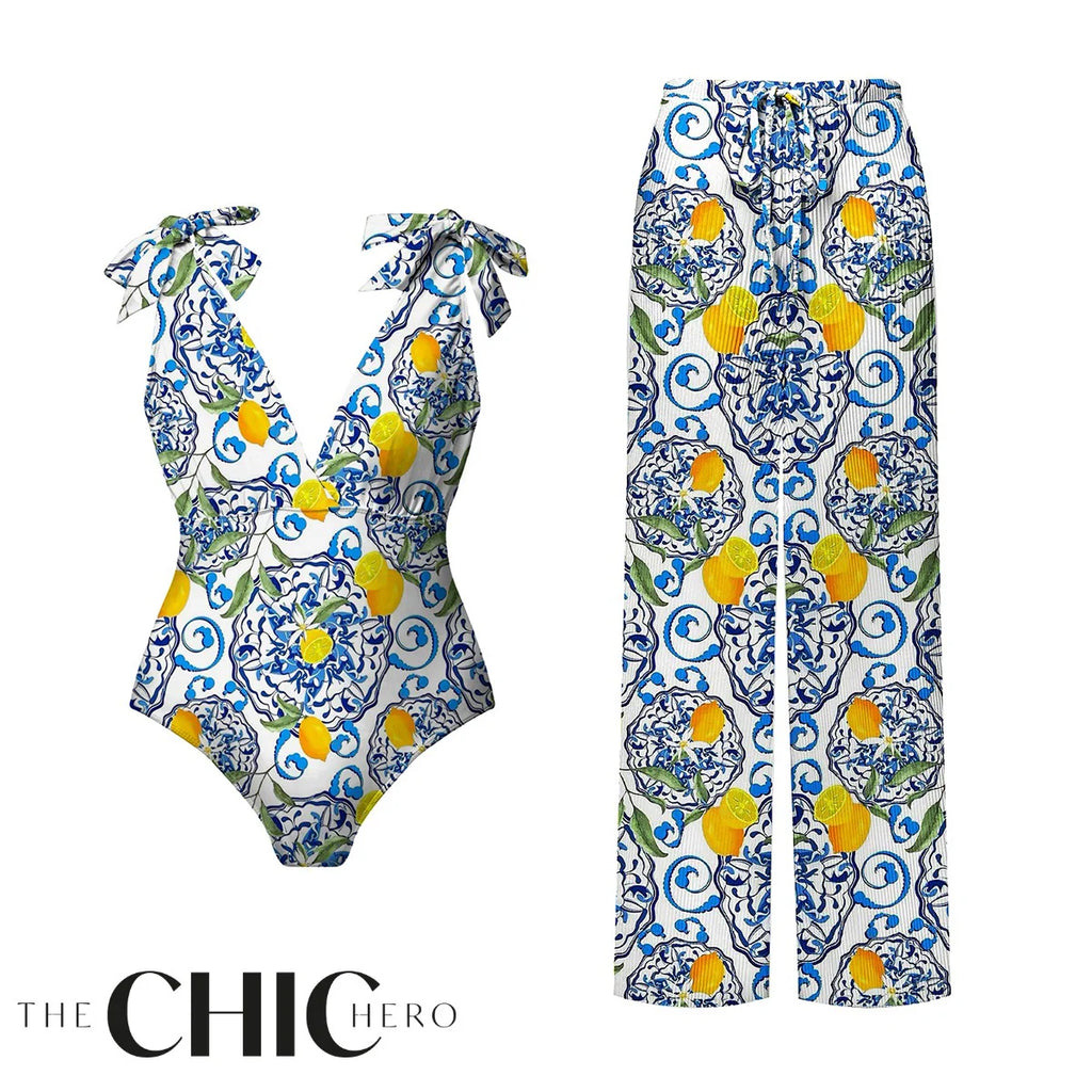 Lemon Motifs Blue Scrollwork Ornate Print One-Piece Swimsuit&Pants