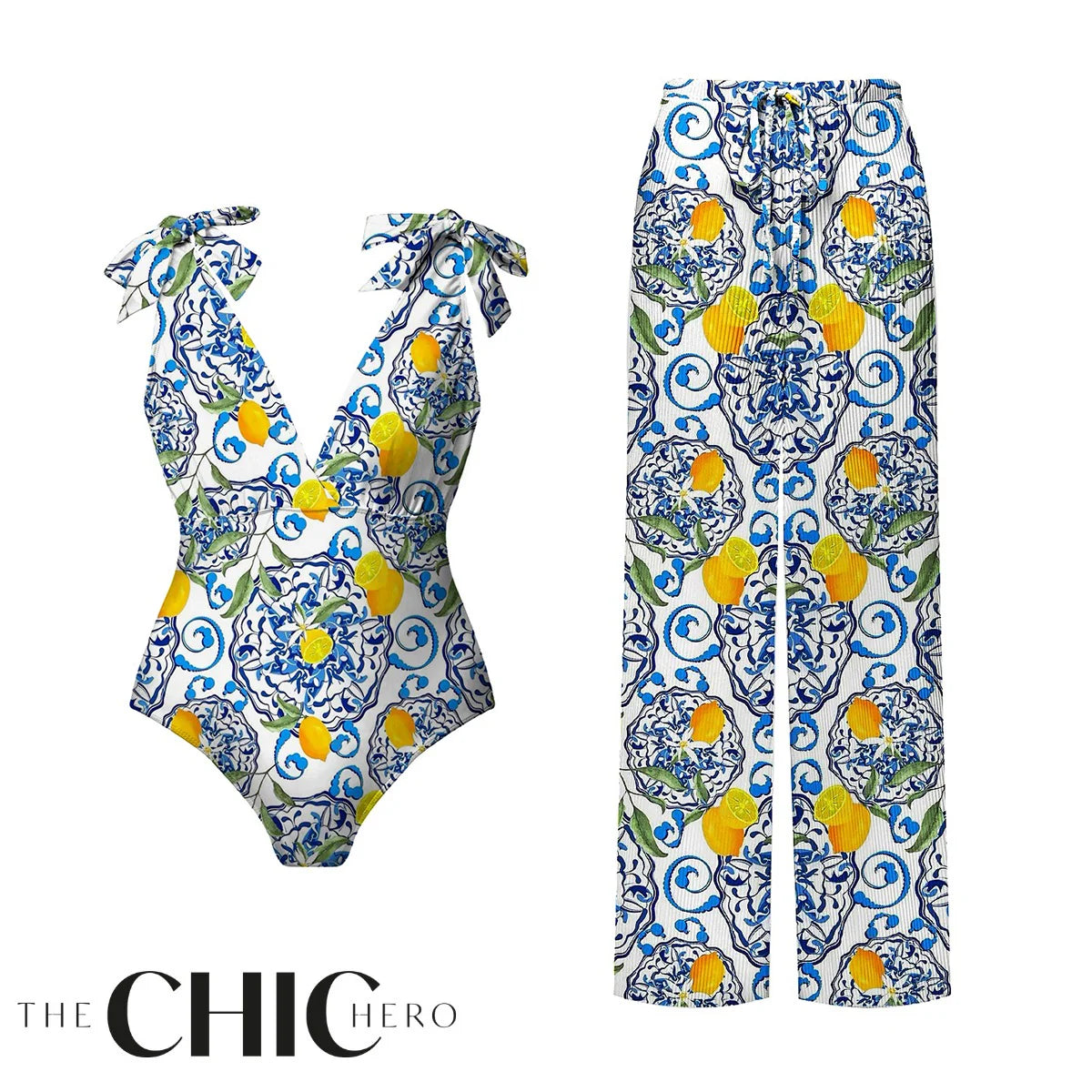 Lemon Motifs Blue Scrollwork Ornate Print One-Piece Swimsuit&Pants