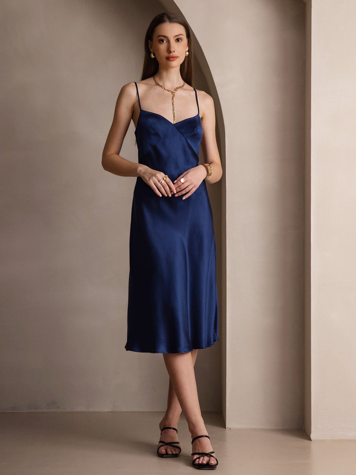 Pure Silk Deep V-Neck Backless Long Slip Dress