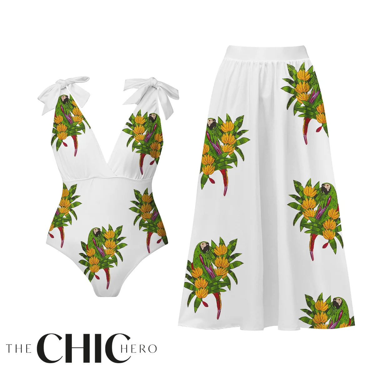 Tropical Parrot Print Boho Jungle Vibes  One-Piece Swimsuit&Skirt