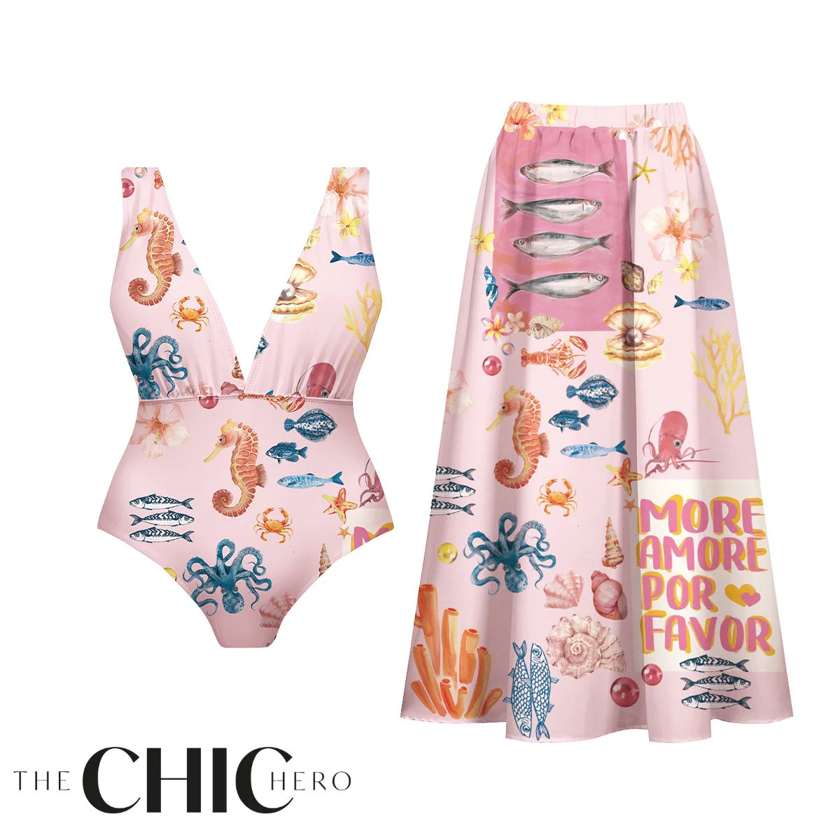 Ocean Love Pink Sea Life One-Piece Swimsuit&Skirt