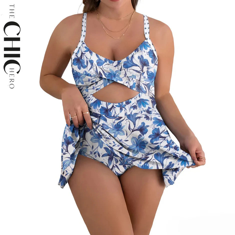 Boho Breeze Blue Floral Hollow Back Strap Swimsuit