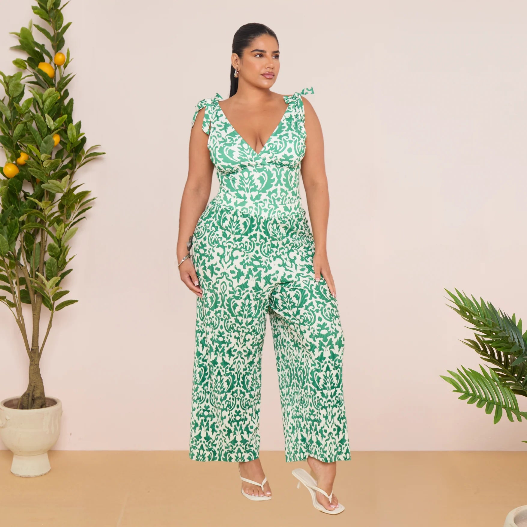 Green Boho Breeze Floral Tie-shoulder One Piece Swimsuit&Pants