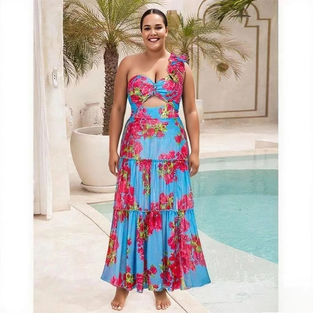 Ruffle Removable Shoulder Strap Pink Flower One Piece Swimsuit & Skirt