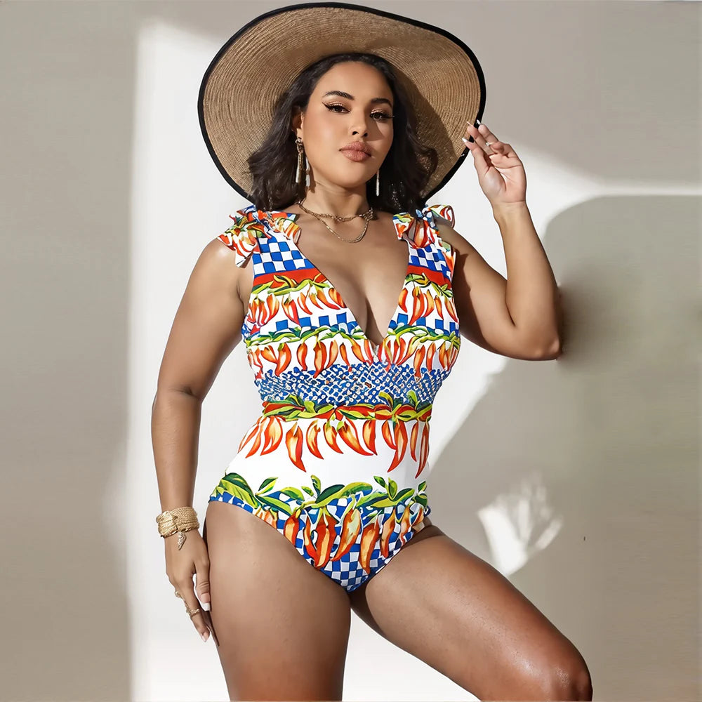Spicy Pepper Checkerboard Print One-Piece Swimsuit&Pants