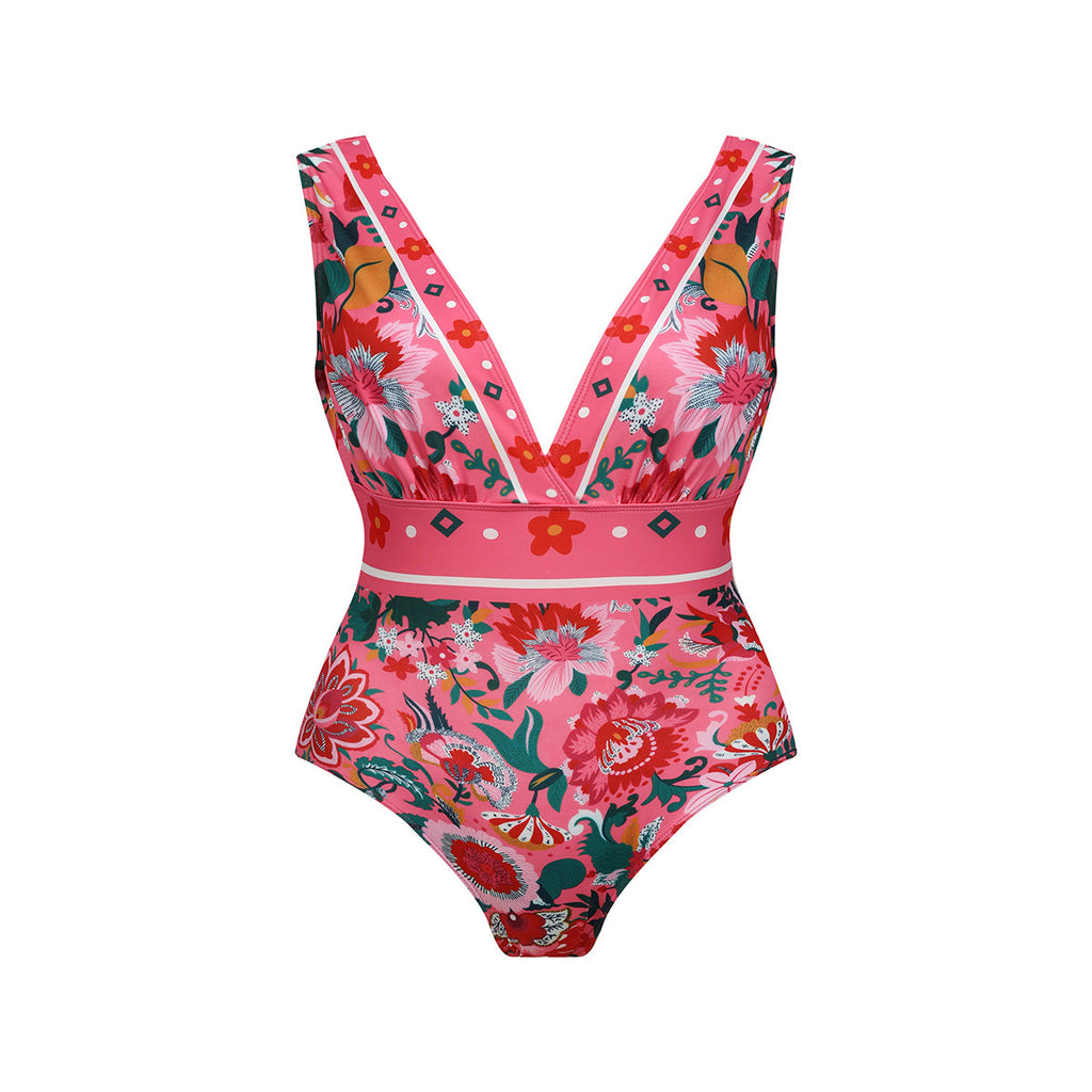 Pink Elegant Floral Patterns 3-Piece Set Swimsuit&Skirt