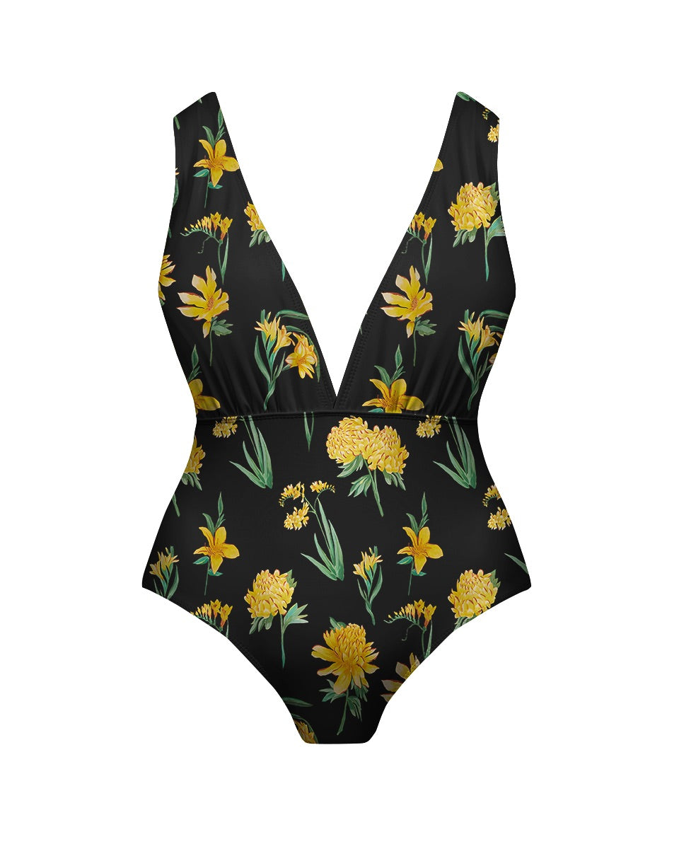 Yellow Floral Print One-Piece Swimsuit&Skirt