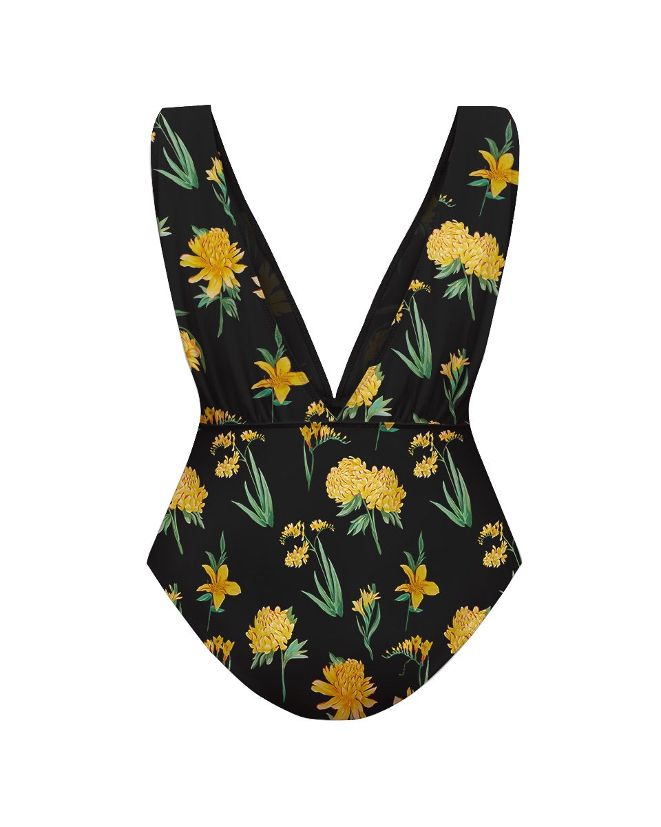 Yellow Floral Print One-Piece Swimsuit&Skirt