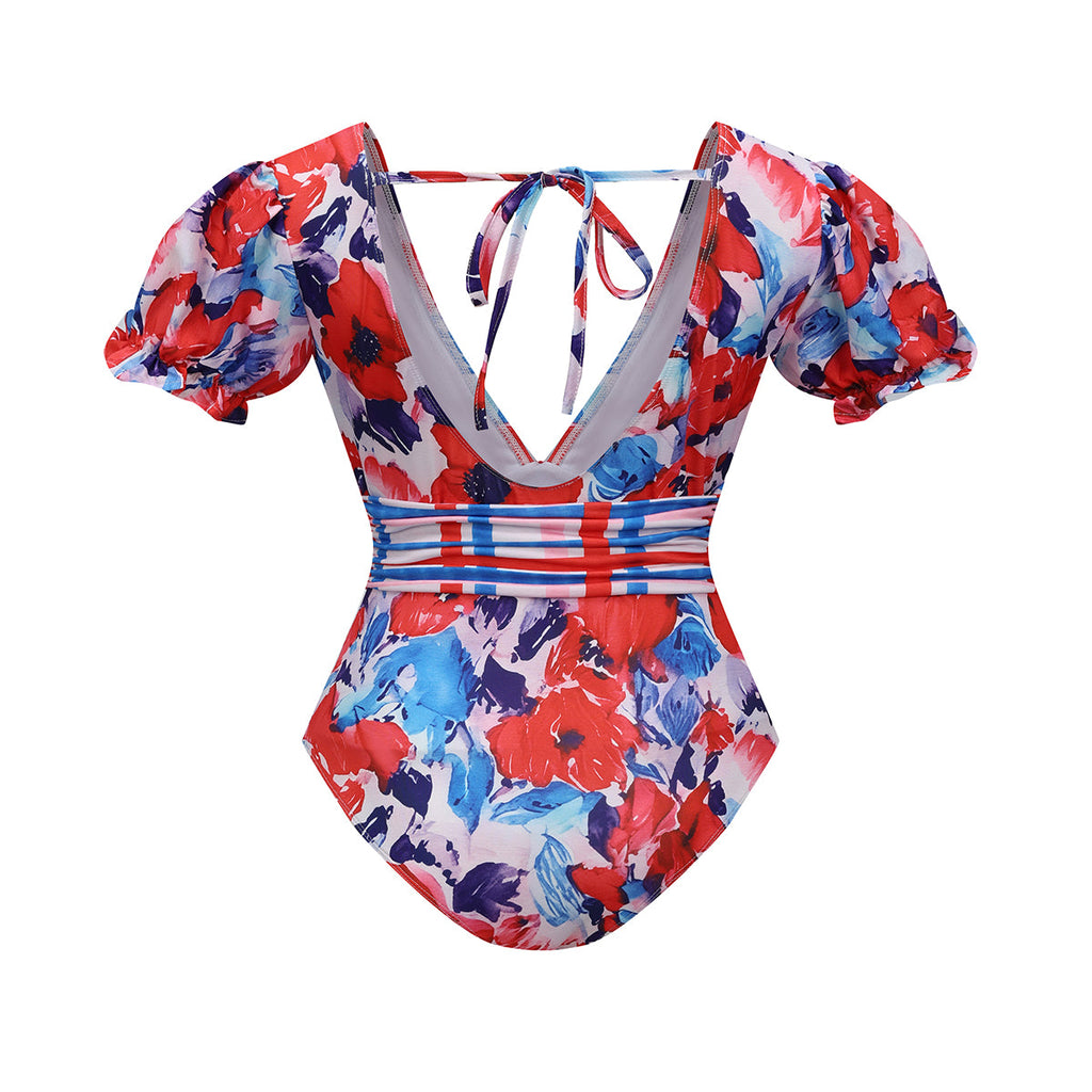 Colorful Floral Puff Sleeves One-Piece Swimsuit&Skirt