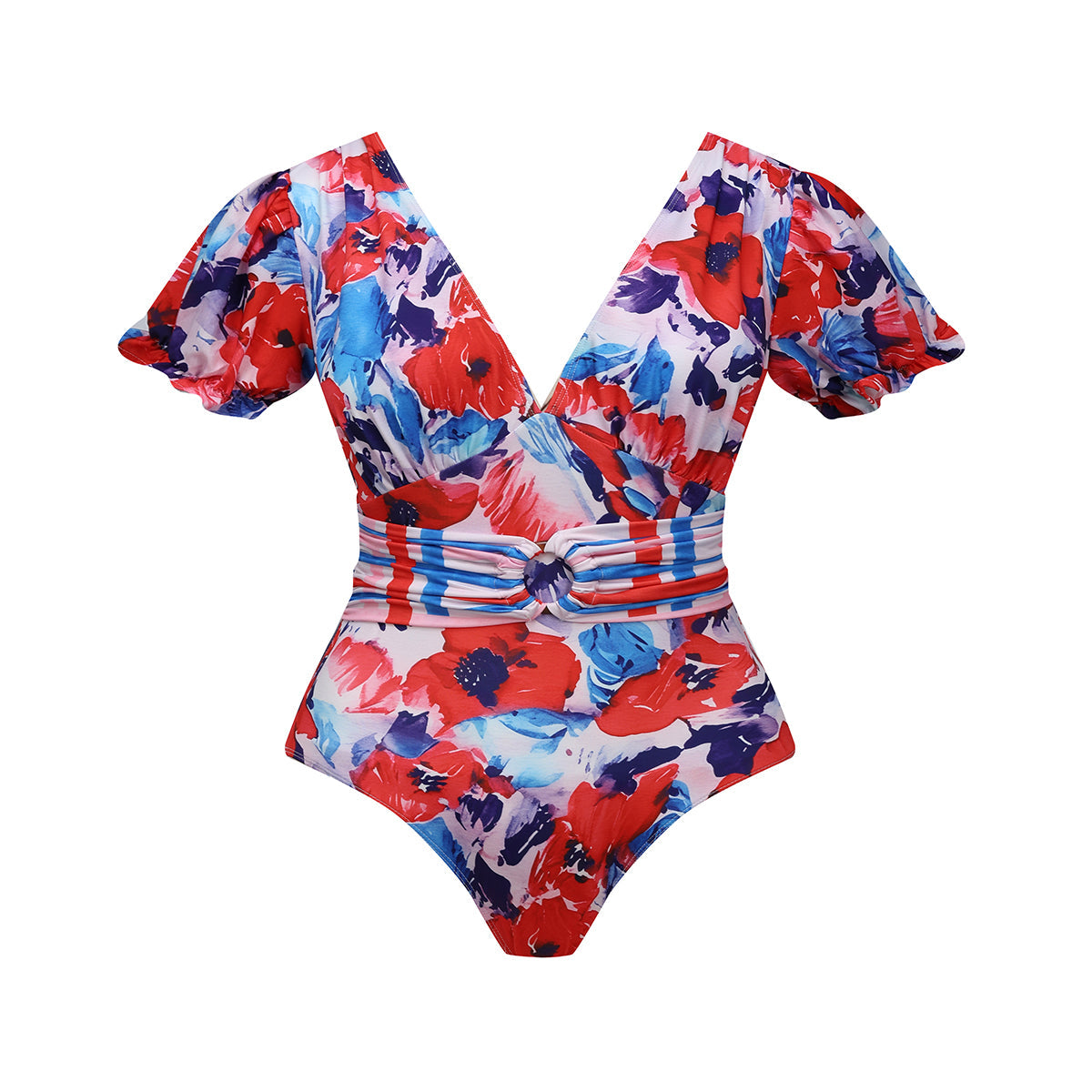 Colorful Floral Puff Sleeves One-Piece Swimsuit&Skirt