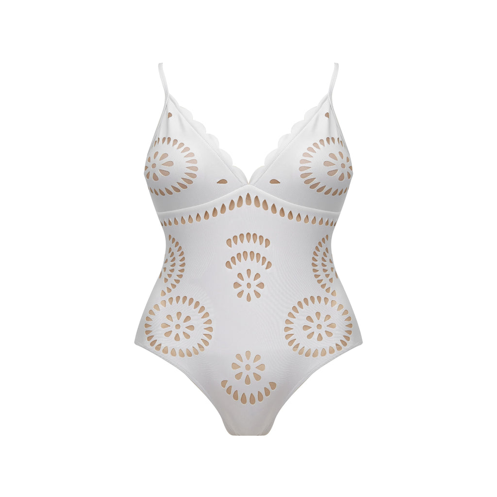 White Scalloped Hollow Sexy One-Piece Swimsuit&Skirt