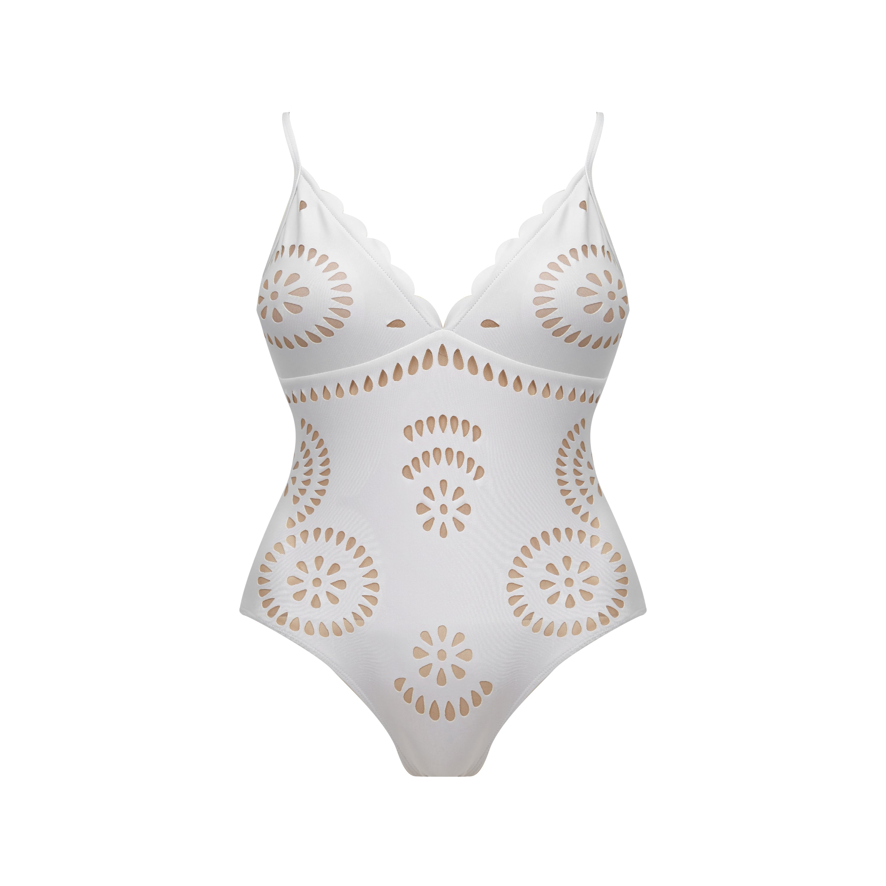 White Scalloped Hollow Sexy One-Piece Swimsuit&Skirt