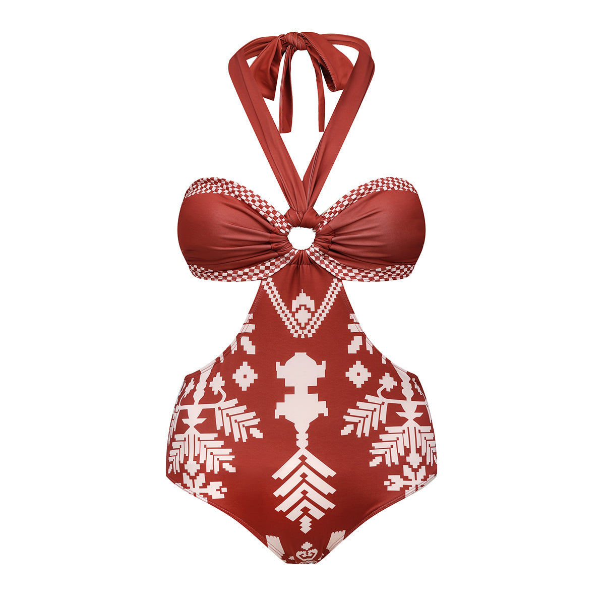 Boho Ethnic Floral Patterned Halter One-Piece Swimsuit&Skirt