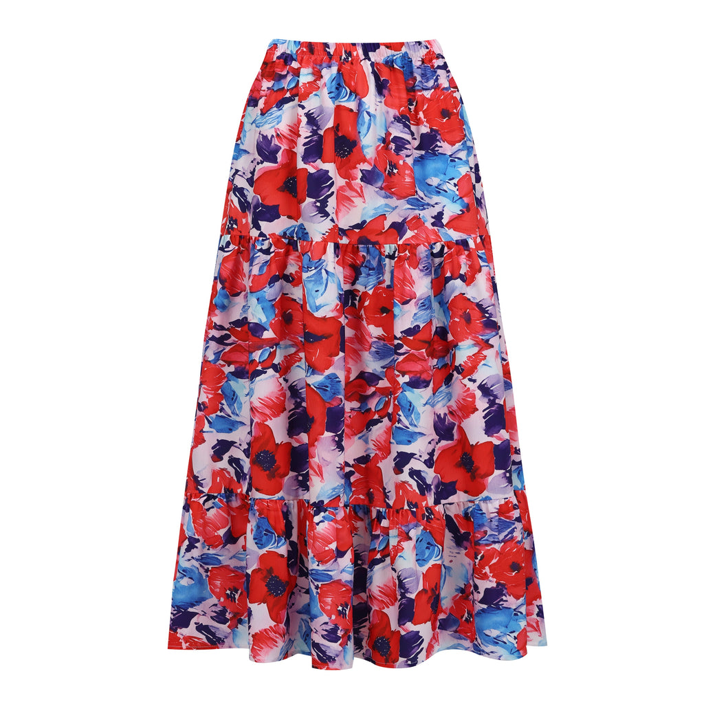 Colorful Floral Puff Sleeves One-Piece Swimsuit&Skirt
