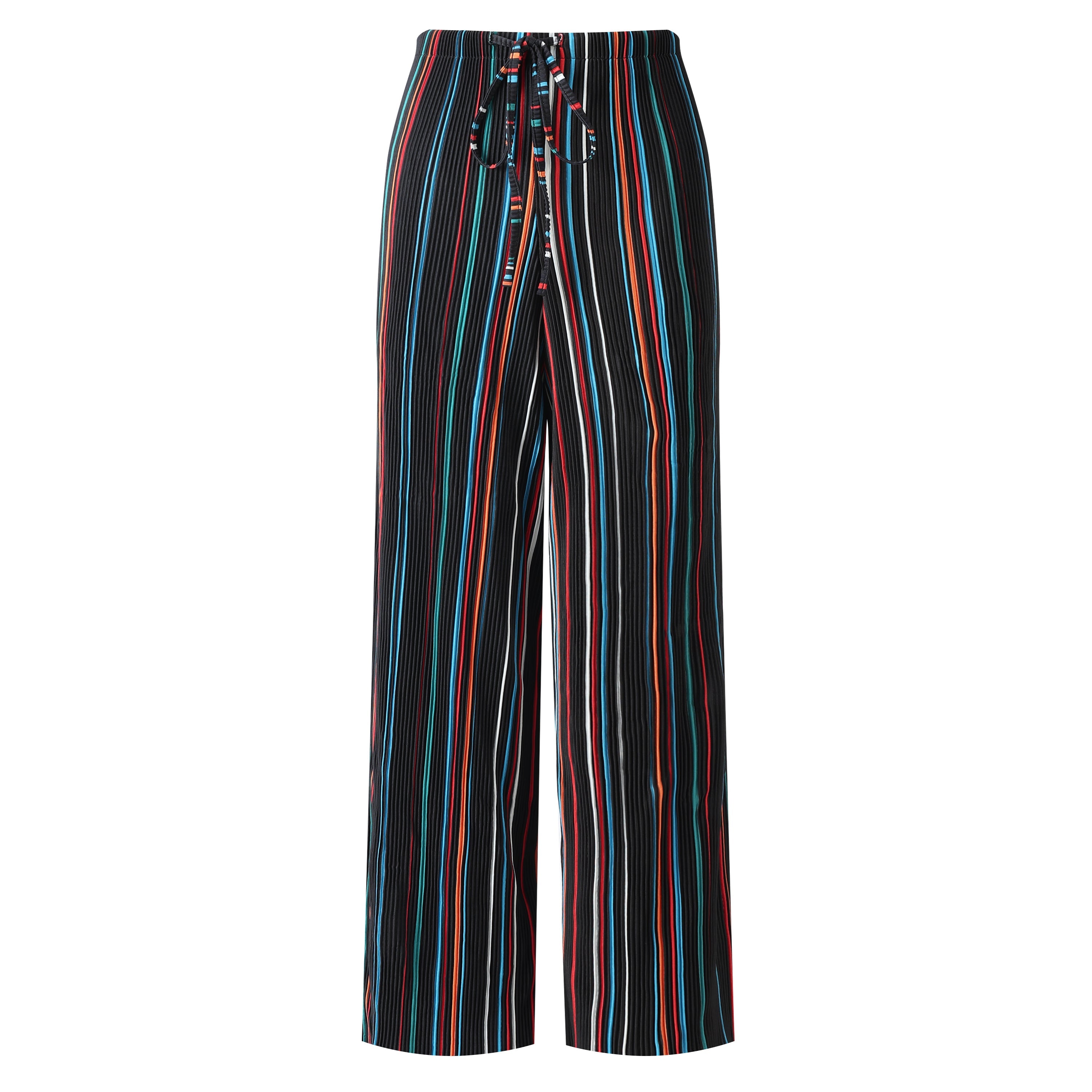 Black Stripe Abstract Print Wide-Leg Drawstring Palazzo Pleated Pants