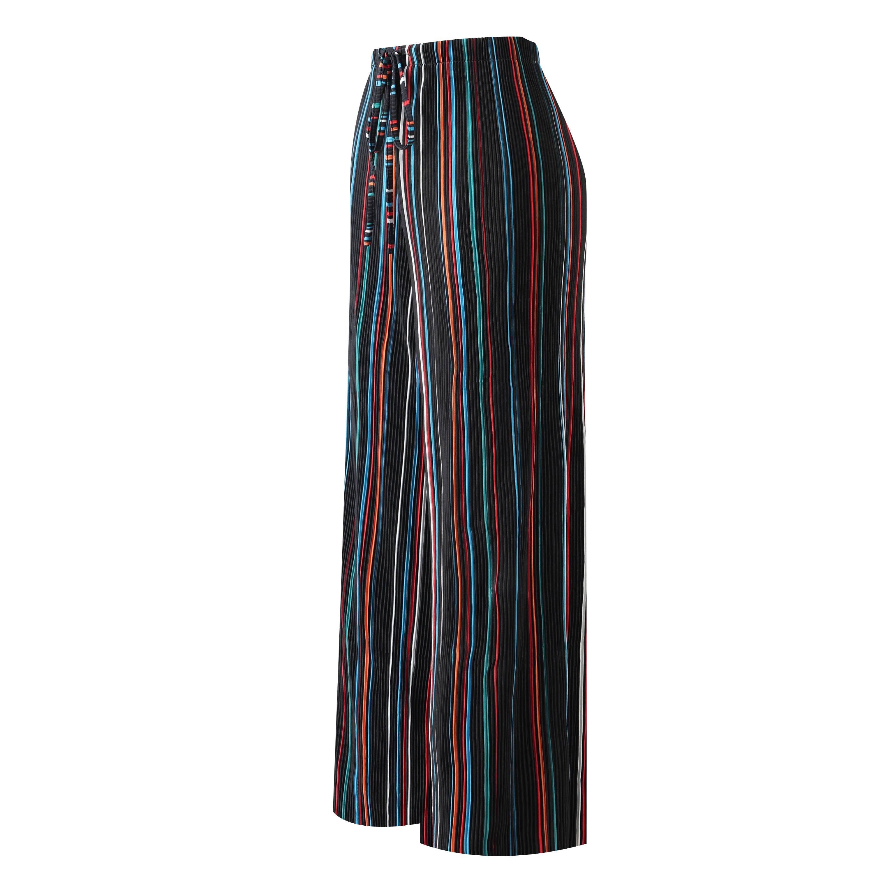Black Stripe Abstract Print Wide-Leg Drawstring Palazzo Pleated Pants
