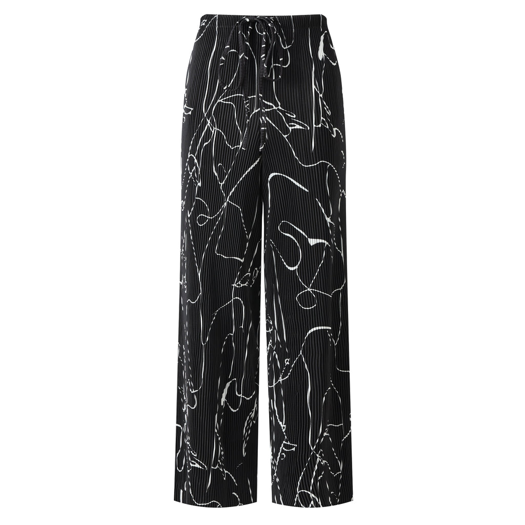 Black Line Art Abstract Print Wide-Leg Drawstring Palazzo Pleated Pants