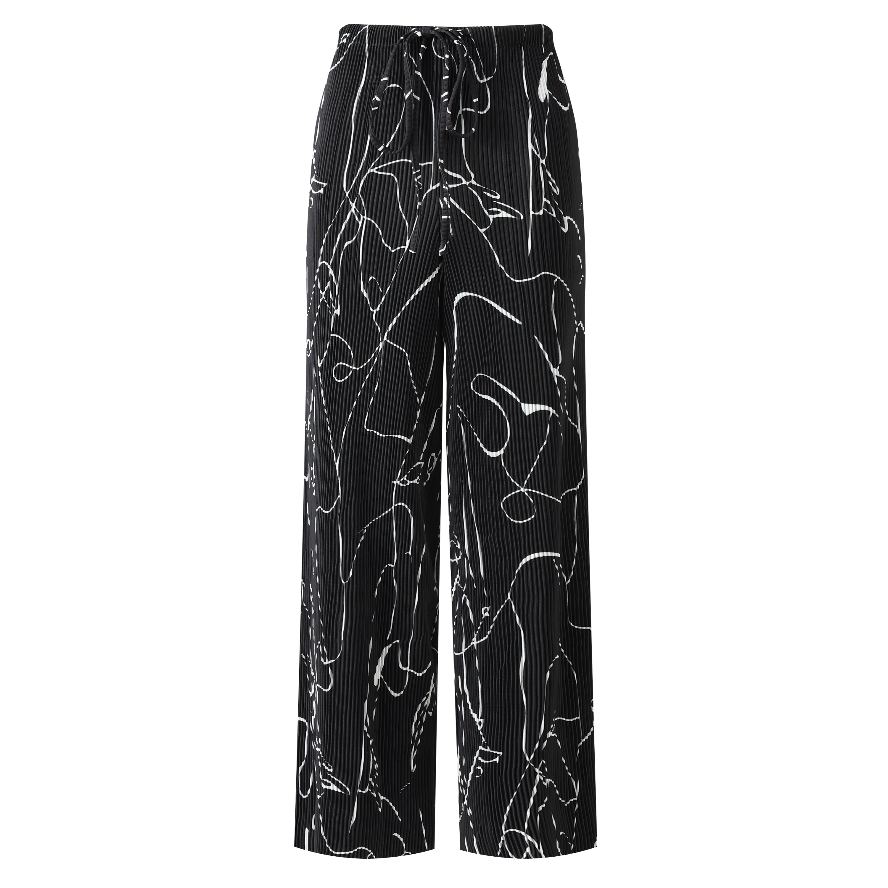Black Line Art Abstract Print Wide-Leg Drawstring Palazzo Pleated Pants