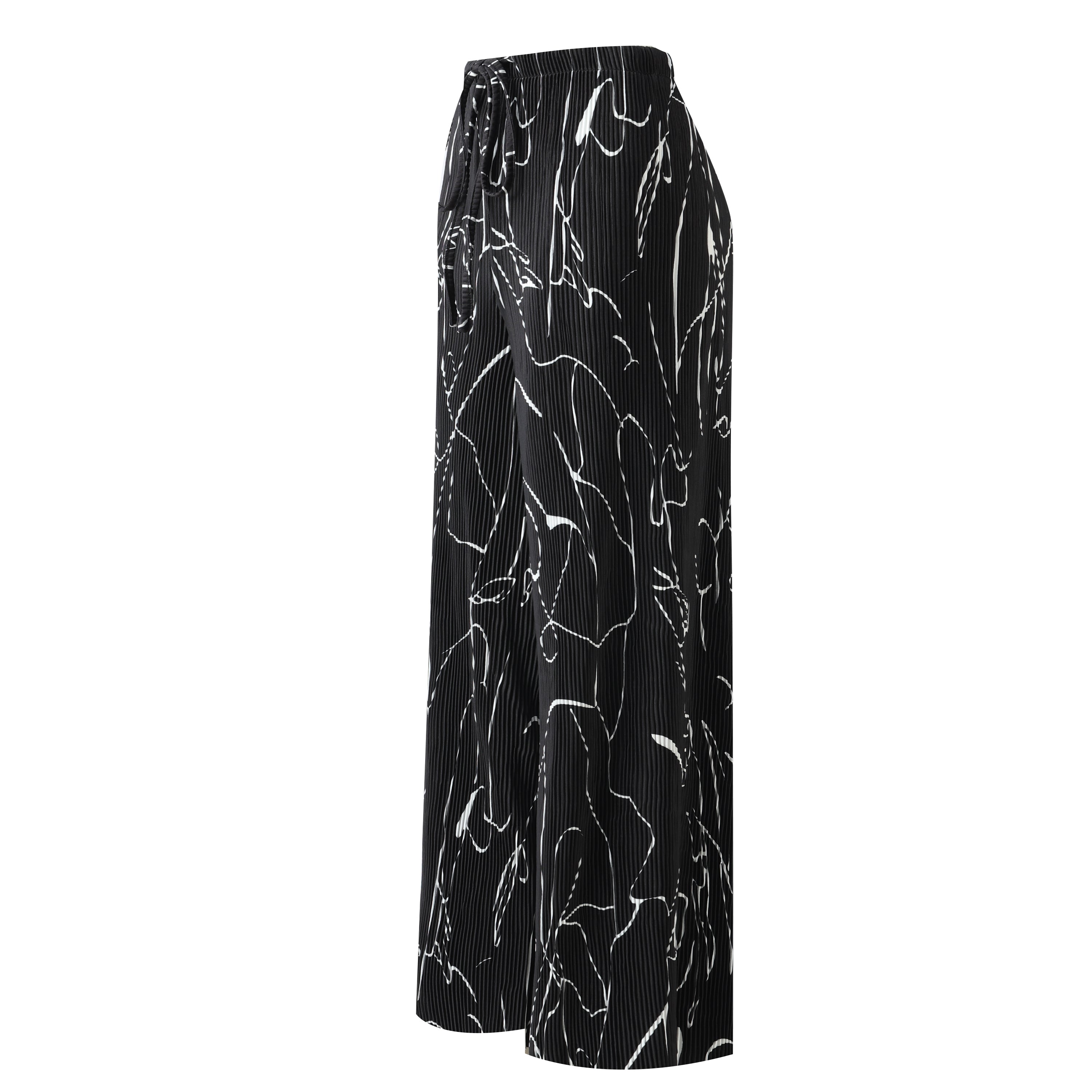 Black Line Art Abstract Print Wide-Leg Drawstring Palazzo Pleated Pants