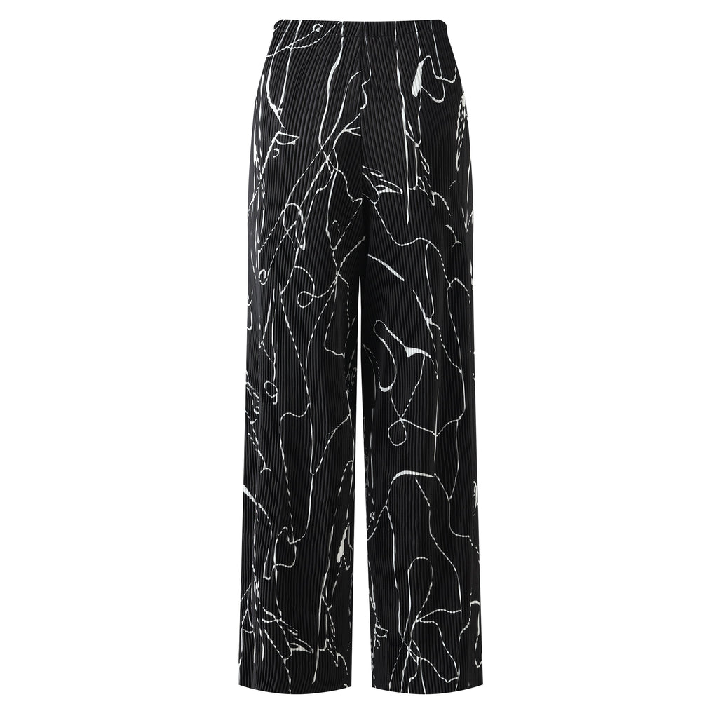 Black Line Art Abstract Print Wide-Leg Drawstring Palazzo Pleated Pants
