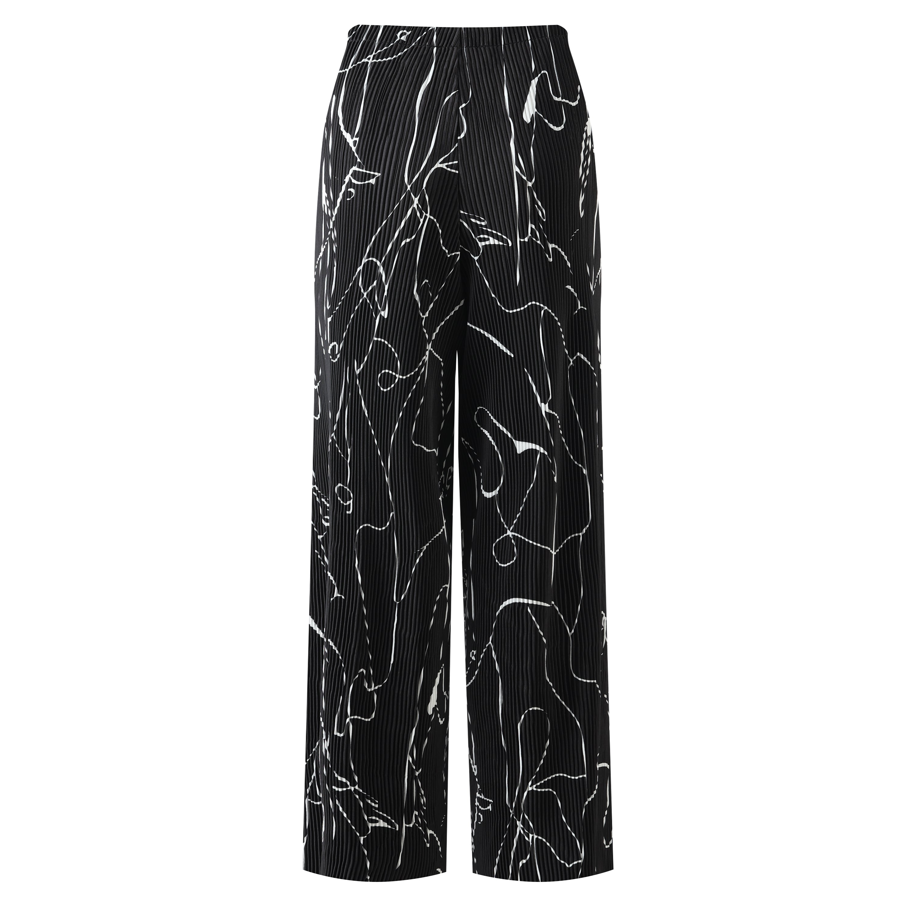 Black Line Art Abstract Print Wide-Leg Drawstring Palazzo Pleated Pants